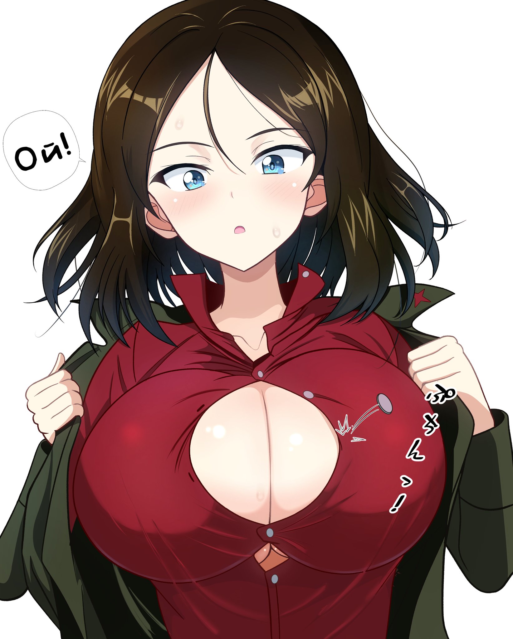 1girls, 2026, 2d, big breasts, blue eyes, blush, brown hair, bursting breasts, female, female only, gigantic breasts, girls und panzer, highres, huge breasts, inconvenient breasts, kumaisao, looking at breasts, looking down, nonna (girls und panzer), pravda school uniform, russian text, school uniform, schoolgirl, text, text bubble, torn clothes, wardrobe malfunction, white body