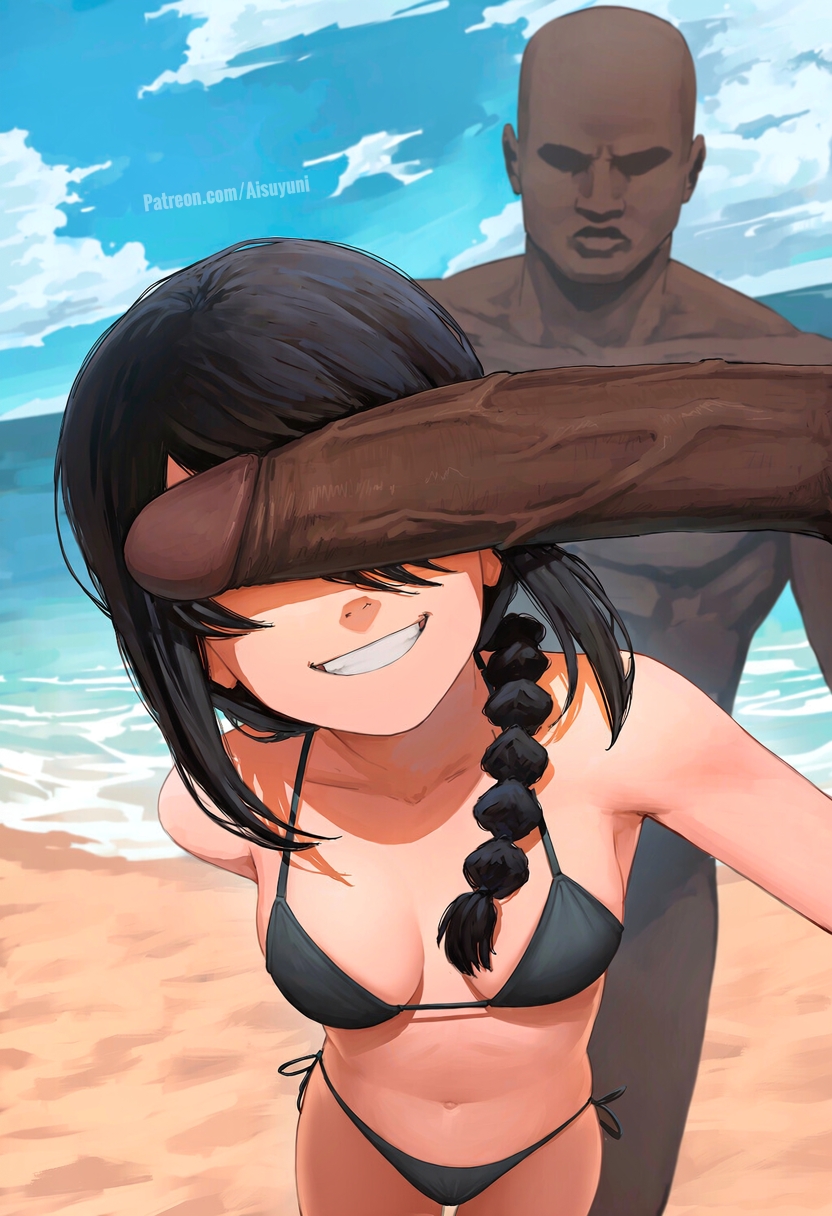 1boy, 1girls, ai generated, aisuyuni, beach, big penis, bikini, chainsaw man, cheating, cheating female, cheating girlfriend, cheating wife, cuckold, cuckolding, dark hair, dark-skinned male, interracial, nayuta (chainsaw man), netorare, ntr, penis, sand, sky, veiny penis, water, yellow eyes