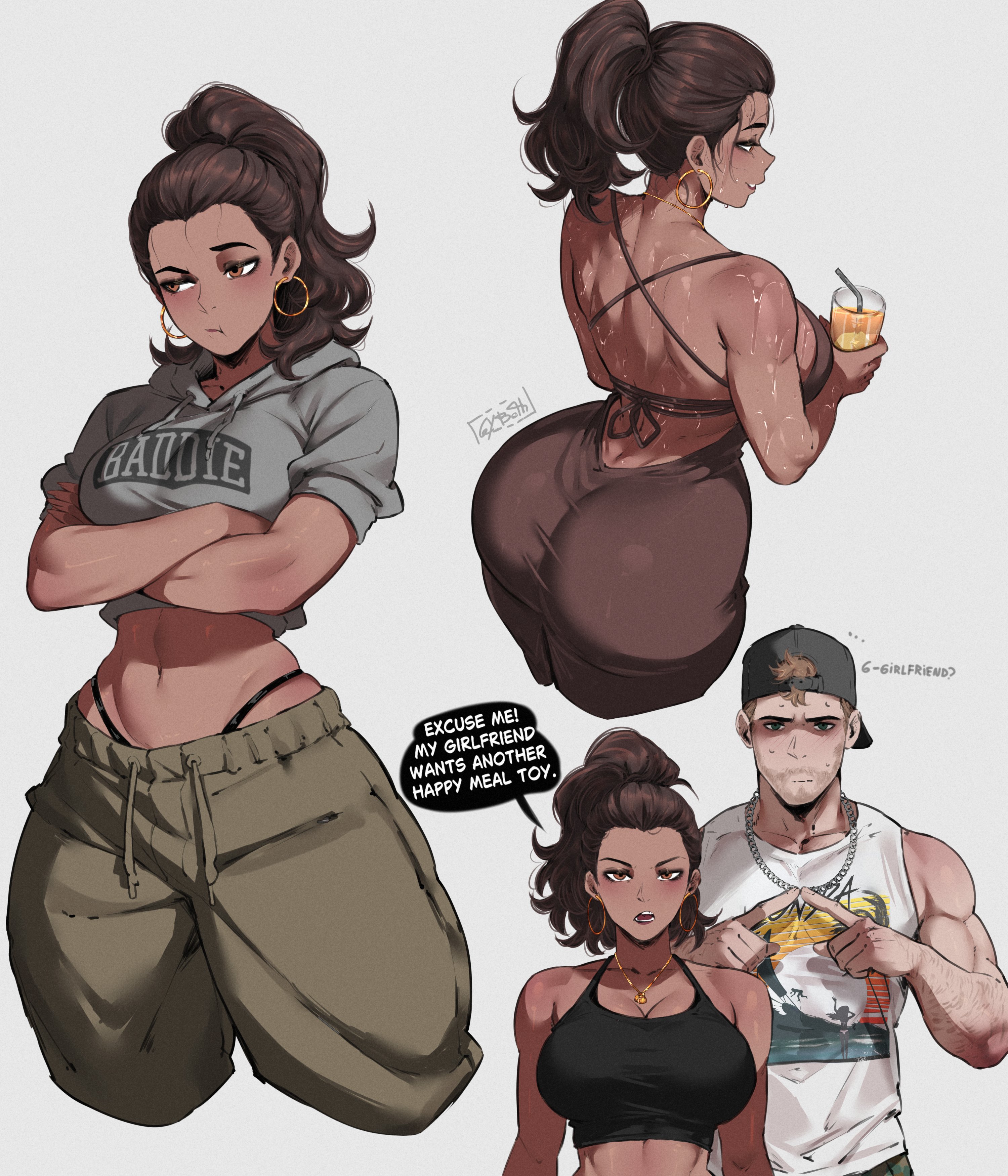 1boy, 1girls, big ass, big breasts, couple, dark-skinned female, female, female focus, femdom, grand theft auto, grand theft auto vi, gybeth, happy meal, jason duval, lucia caminos, mcdonald's, meme, strong female, submissive, submissive male, sweat, thick thighs, thong, voluptuous