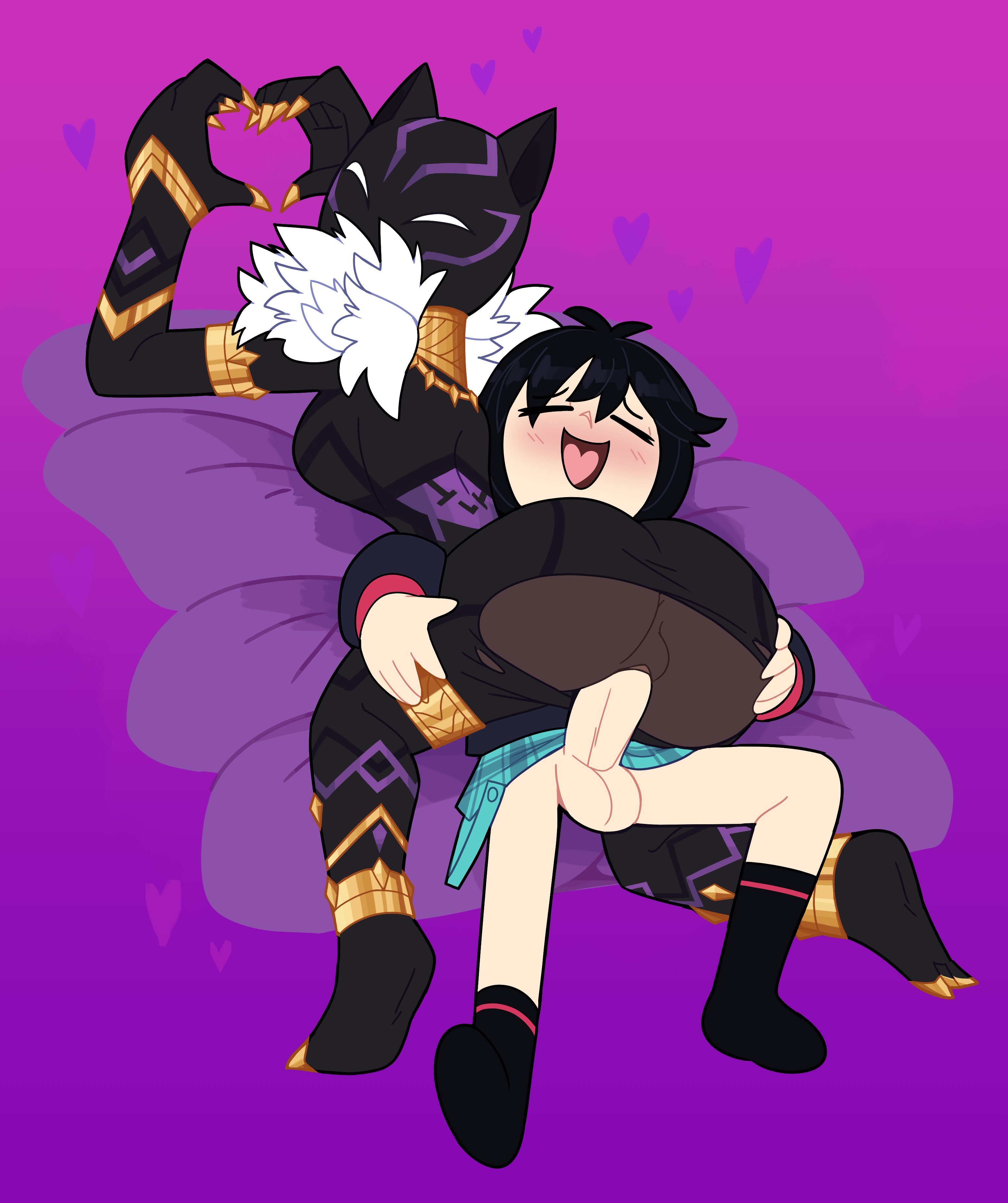 <3, 1futa, 2girls, black panther (series), black panther (shuri), black socks, blush, blushing, chocolate girl, dark skin, dark-skinned female, ebony, ebony female, futanari, girl on top, golden collar, heart tongue, hero, heroine, holding ass, interracial, interracial sex, light skin, light-skinned futa, marvel, miscon, mostly clothed, peni parker, penis parker (peni parker), penis under skirt, pleasure face, pleasured, purple background, sex, shuri (marvel), socks, spider-man (series), superheroine, torn clothes, torn suit, twitter link, vaginal, vaginal penetration, vaginal sex