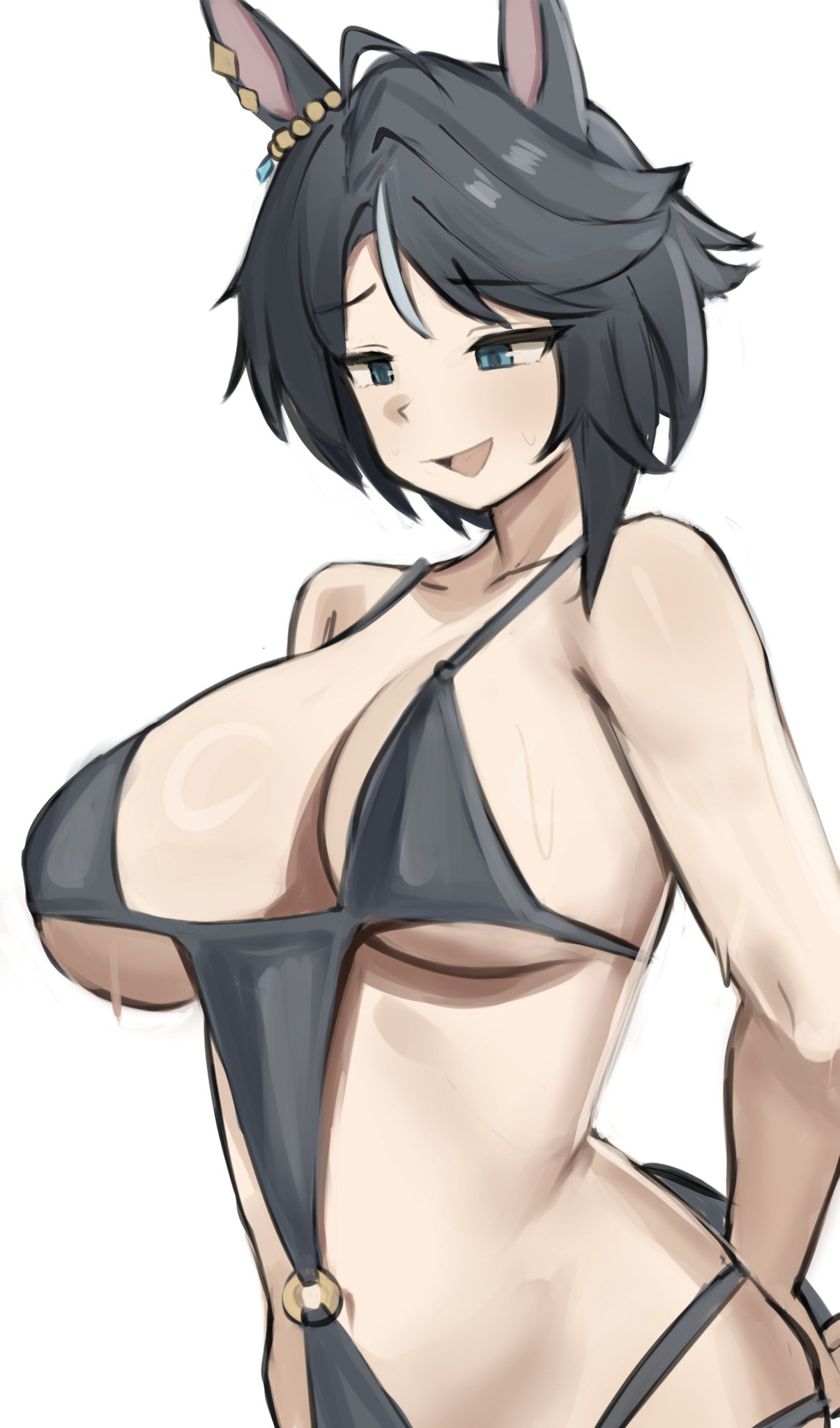 1girls, animal ears, animal humanoid, big breasts, bikini, black bikini, black hair, blue eyes, breasts, female, female only, fuji kiseki (umamusume), hands behind back, horse, horse ears, horse girl, horse tail, huge breasts, iog art, large breasts, multicolored hair, short hair, tail, umamusume, umamusume pretty derby, white hair