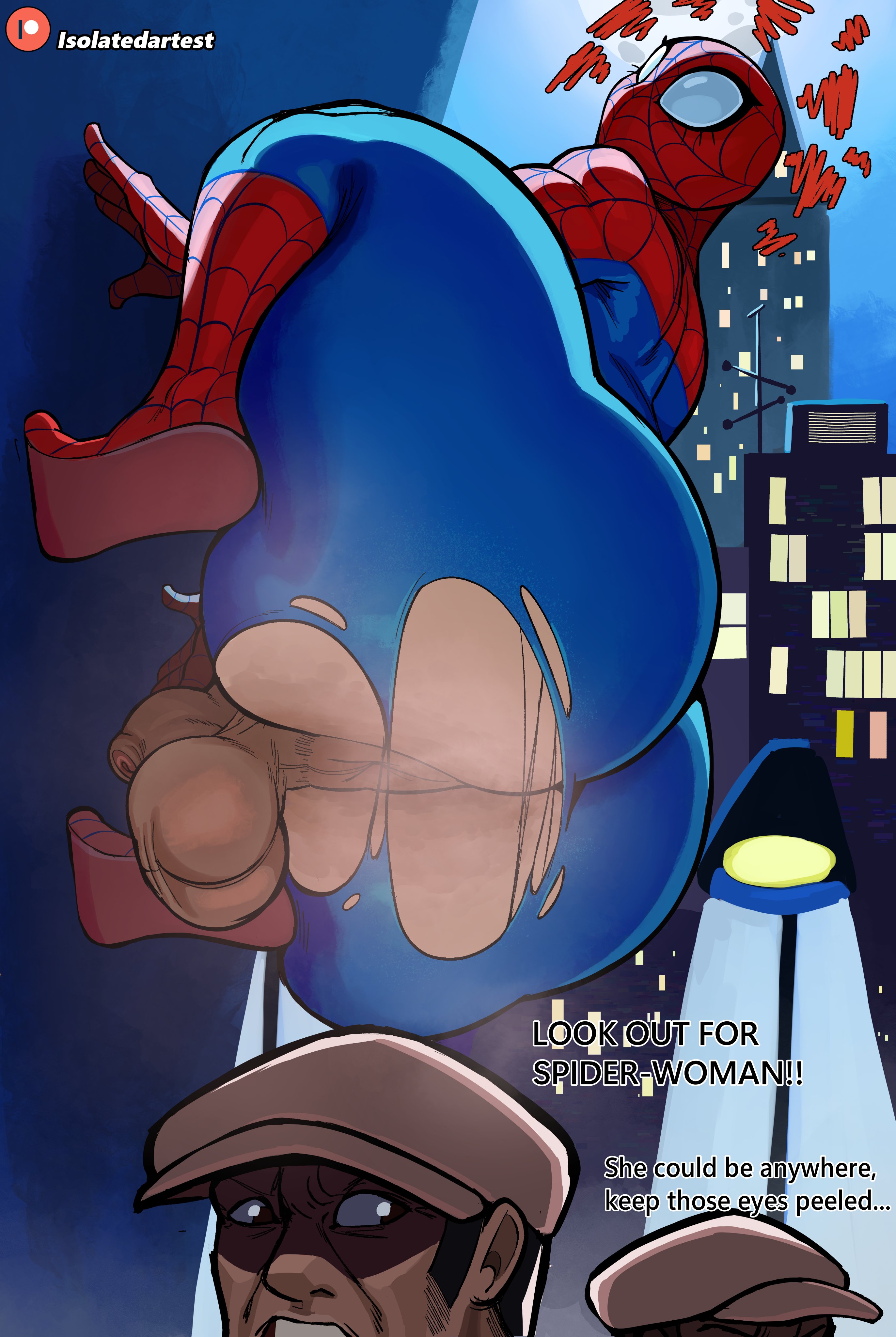 1girls, 2boys, alternate version available, anus, ass, ass focus, balls, big ass, big balls, bodysuit, chubby, chubby female, climbing, dialogue, dickgirl, donut anus, dumptruck ass, futanari, hiding, huge ass, isolatedartest, male, marvel, marvel comics, mask, musk, night, on wall, outdoors, penis, petra parker, ripped clothing, small penis, spider-man (series), spider-woman, steam, steamy ass, superheroine, thick, thick thighs, torn bodysuit, torn clothes, trans woman