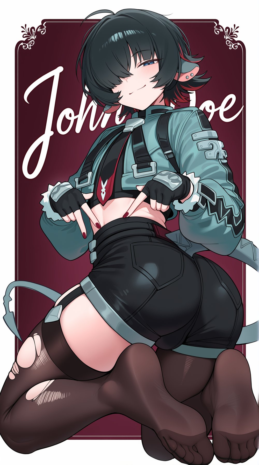 1boy, ai generated, animal ears, ass, ass focus, black hair, black shorts, blush, bulge, come hither, fingerless gloves, from behind, genderswap, genderswap (ftm), gloves, green eyes, hair over one eye, huge ass, jacket, jane doe (zenless zone zero), john doe (zenless zone zero) (scopeophilia), kneeling, looking at viewer, mouse ears, mouse tail, multicolored hair, pantyhose, pantyhose under shorts, red hair, rule 63, short hair, short shorts, shorts, single thighhigh, smile, solo, tail, torn clothes, torn thighhighs, trap, zenless zone zero