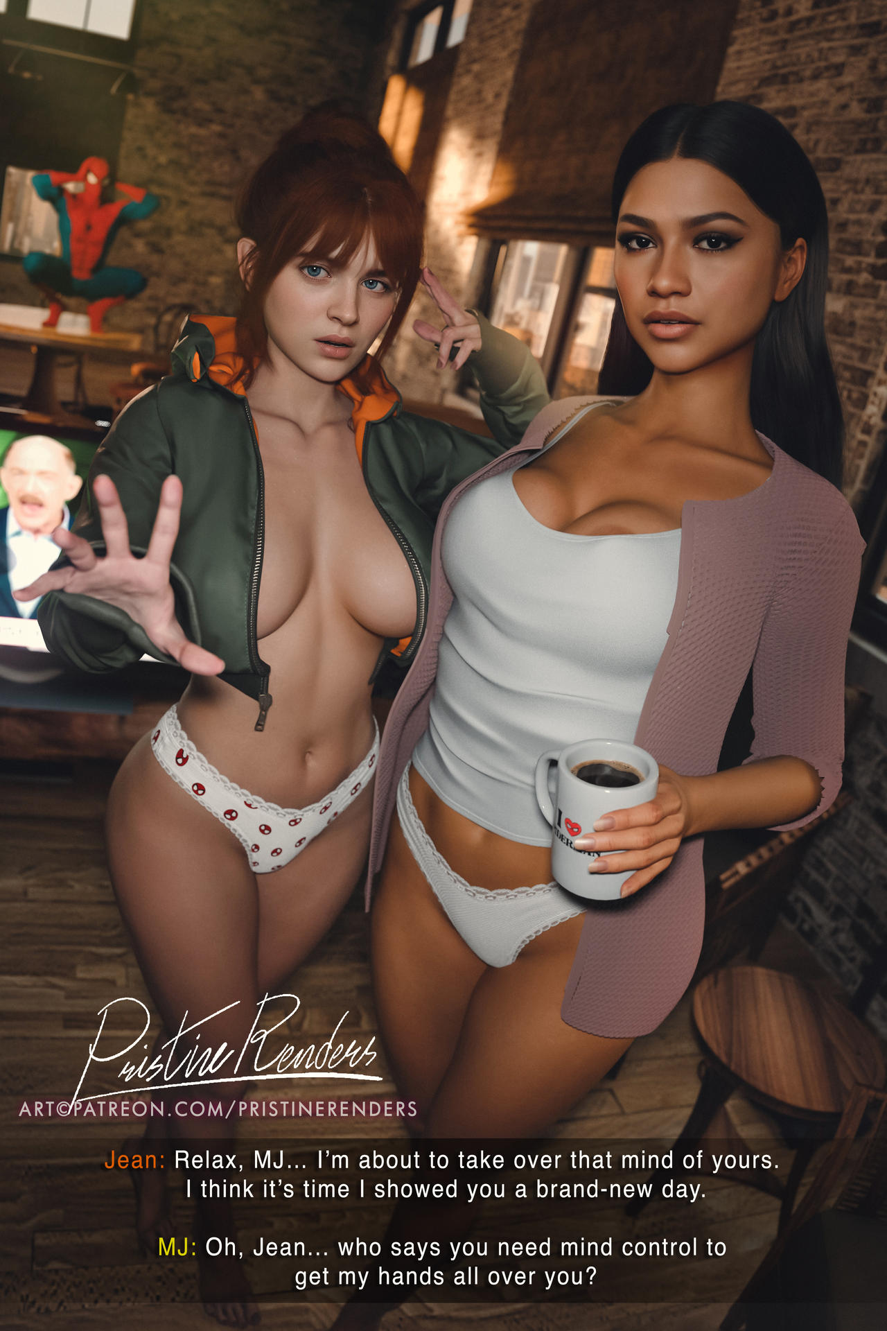 1boy, 2girls, 3d, big ass, big breasts, breasts, coffee, coffee mug, curvaceous, curvy, curvy figure, dark skin, dark-skinned female, female, hips, j jonah jameson, jean grey, light-skinned male, male, male/female, marvel, marvel cinematic universe, marvel comics, mature, mature female, michelle jones, mutant, mutant (marvel), mutate (marvel), peter parker, pristinerenders, sadie sink, slim waist, spider-man, spider-man (series), spider-man: brand new day, thick, thick hips, thick legs, thick thighs, thighs, voluptuous, waist, wide hips, x-men