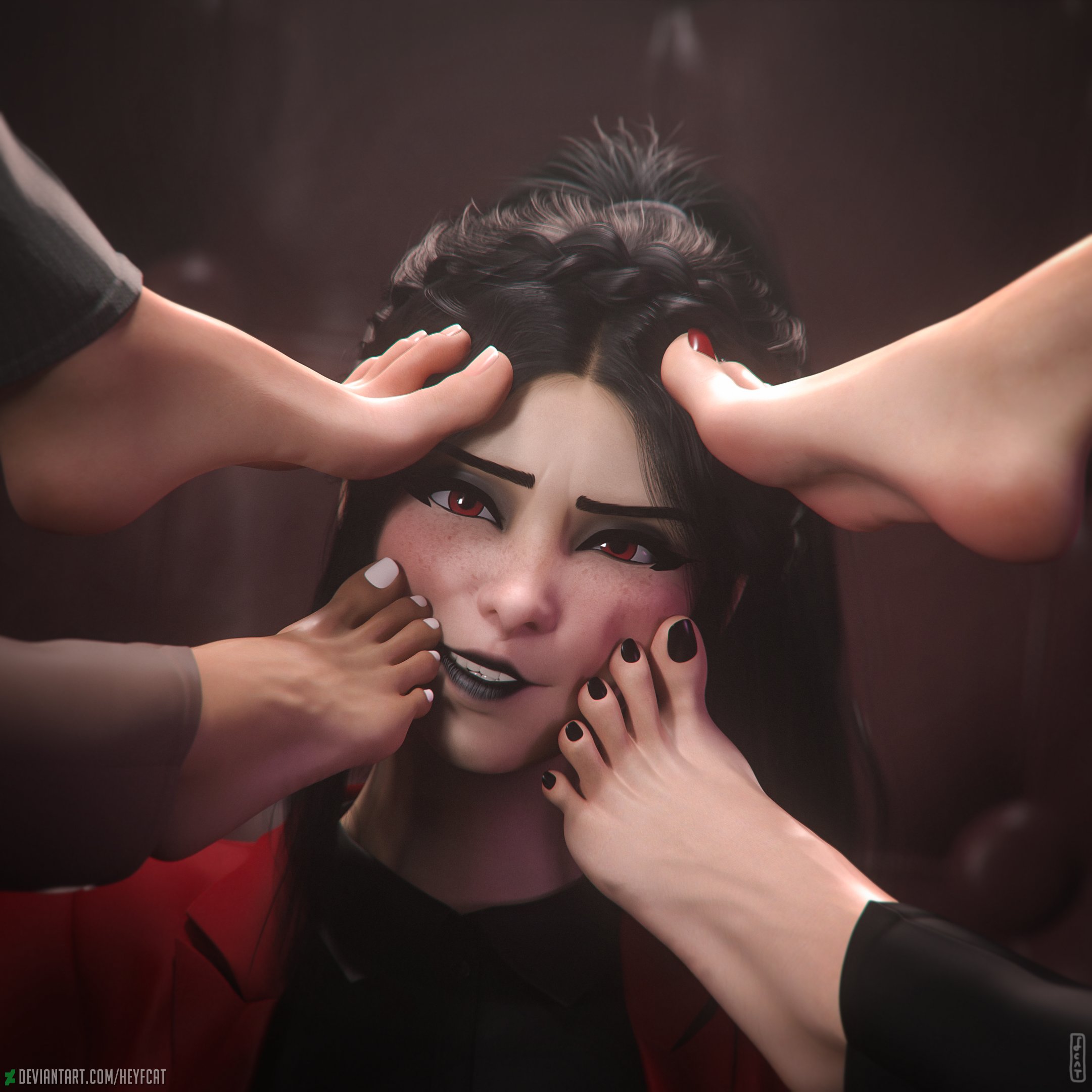 3d, 3d (artwork), 3d render, bangs, black eyebrows, black hair, black lipstick, black shirt, black toenail polish, black toenails, braided hair, clothed, dark skin, eyeliner, feet, feet on face, female focus, female only, foot fetish, freckles, freckles on cheeks, freckles on face, fully clothed, furrowed brow, furrowed brows, furrowed eyebrows, heel, heyfcat, light skin, light skinned female, light skinned-female, light-skinned female, long hair, long hair female, meme, nose, pale skin, pale skinned female, pale-skinned female, pants, red jacket, red toenail polish, red toenails, simple background, teeth clenched, teeth visible, white toenail polish, white toenails, winged eyeliner, woman, woman focus, woman only