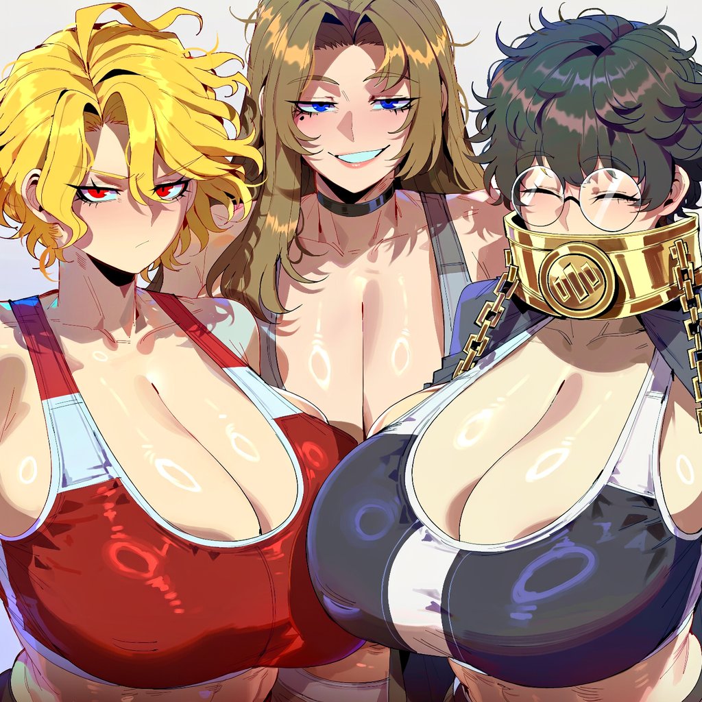 3girls, absurdres, ai generated, bangs, bare shoulders, black choker, black hair, black-framed eyewear, blonde hair, blue eyes, blush, bra, breasts, brown hair, chain, choker, cleavage, closed eyes, closed mouth, collar, collarbone, covered mouth, don quixote (limbus company), earrings, expressionless, eyebrows visible through hair, frown, gigantic breasts, glasses, gradient background, grey background, grin, hair behind ear, hair between eyes, hair intakes, huge breasts, large breasts, light skin, light-skinned female, long hair, looking at viewer, makeup, medium hair, messy hair, midriff, multiple girls, parted bangs, red bra, red eyes, rodion (limbus company), round eyewear, sancho (limbus company), semi-rimless eyewear, shiny skin, short hair, sideboob, simple background, skindentation, smile, sora (limbus company), sports bra, tank top, tight, upper body, wavy hair, white background, zeyayelan