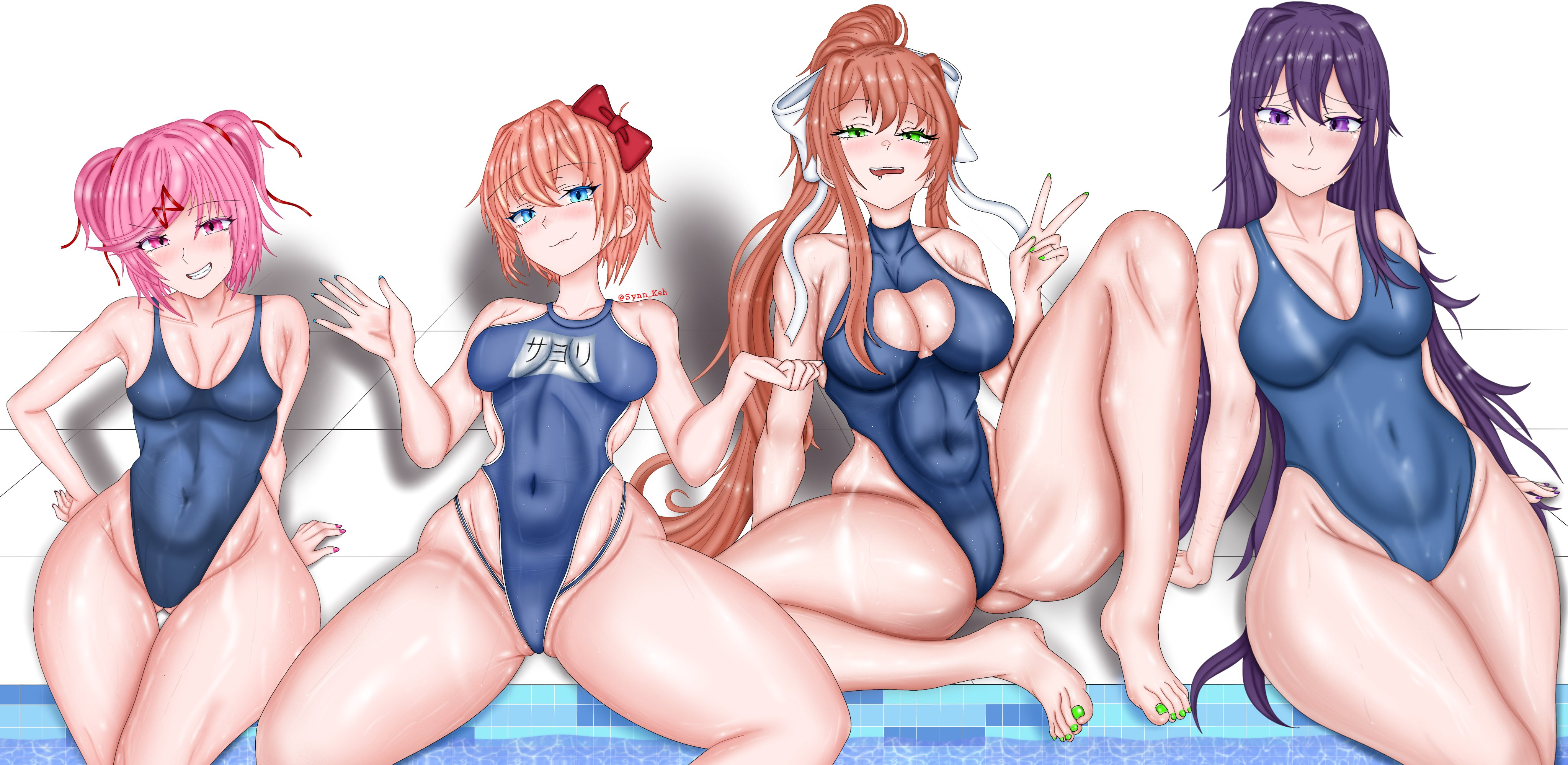 areola slip, barefoot, doki doki literature club, feet, monika (doki doki literature club), natsuki (doki doki literature club), peace sign, sayori (doki doki literature club), swimsuit, tagme, yuri (doki doki literature club)