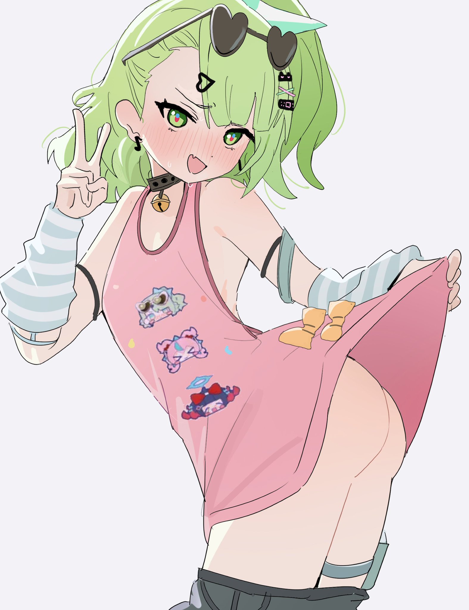1female, 1girl, 1girls, alternate costume, alternate outfit, angels of delusion, aria (zenless zone zero), arm warmers, armwear, ass, bending forward, bending over, bent over, big ass, big butt, blue arm warmers, blush, blush lines, blushing, blushing at viewer, blushing female, butt, cute fang, fang, glasses, glasses on forehead, glasses on head, green eyes, green hair, hair ornament, hair pin, hair ribbon, hairclip, heart-shaped glasses, highres, hoyoverse, kfc, leg strap, lifting, lifting clothing, lifting own clothes, lifting shirt, looking at viewer, medium hair, mihoyo, mihoyo technology (shanghai) co. ltd., mouth open, nangong yu (zenless zone zero), no panties, no underwear, pants down, pants pulled down, peace sign, pink shirt, pink tank top, pink topwear, ponytail, ribbon, shirt lift, showing ass, showing off, showing off ass, simple background, small breasts, sunna (delusions in business) (zenless zone zero), sunna (zenless zone zero), thighs, uncensored, white background, zenless zone zero