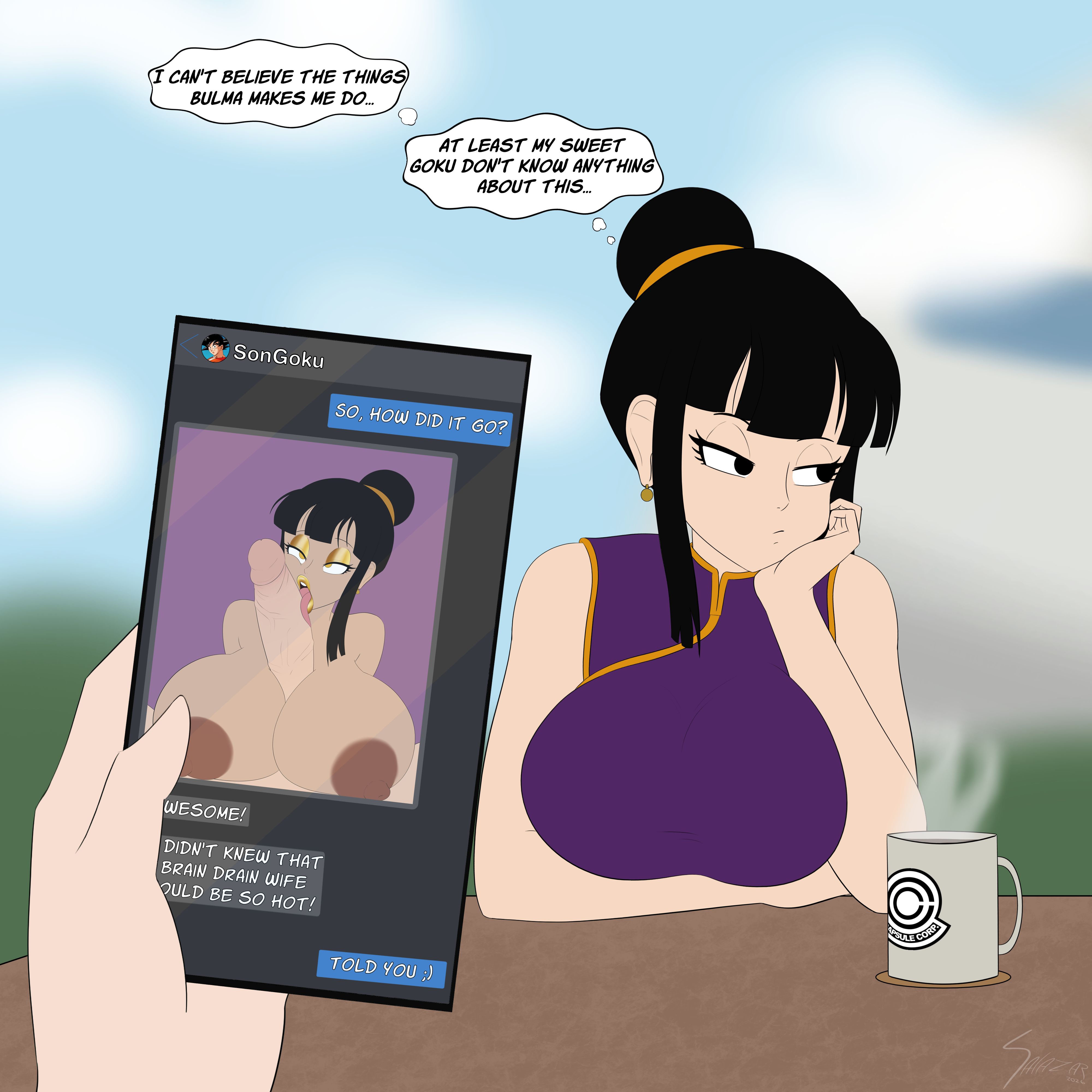 bimbo, bimbo lips, bimbofication, bored, brainwashing, breast expansion, breast job, breasts, breasts out, bulma briefs, cellphone, chichi, dragon ball, dragon ball z, female, female focus, golden eyes, huge breasts, huge cock, lips, lipstick, mind break, mind control, penis, salazaru, tagme, texting, thesalazar