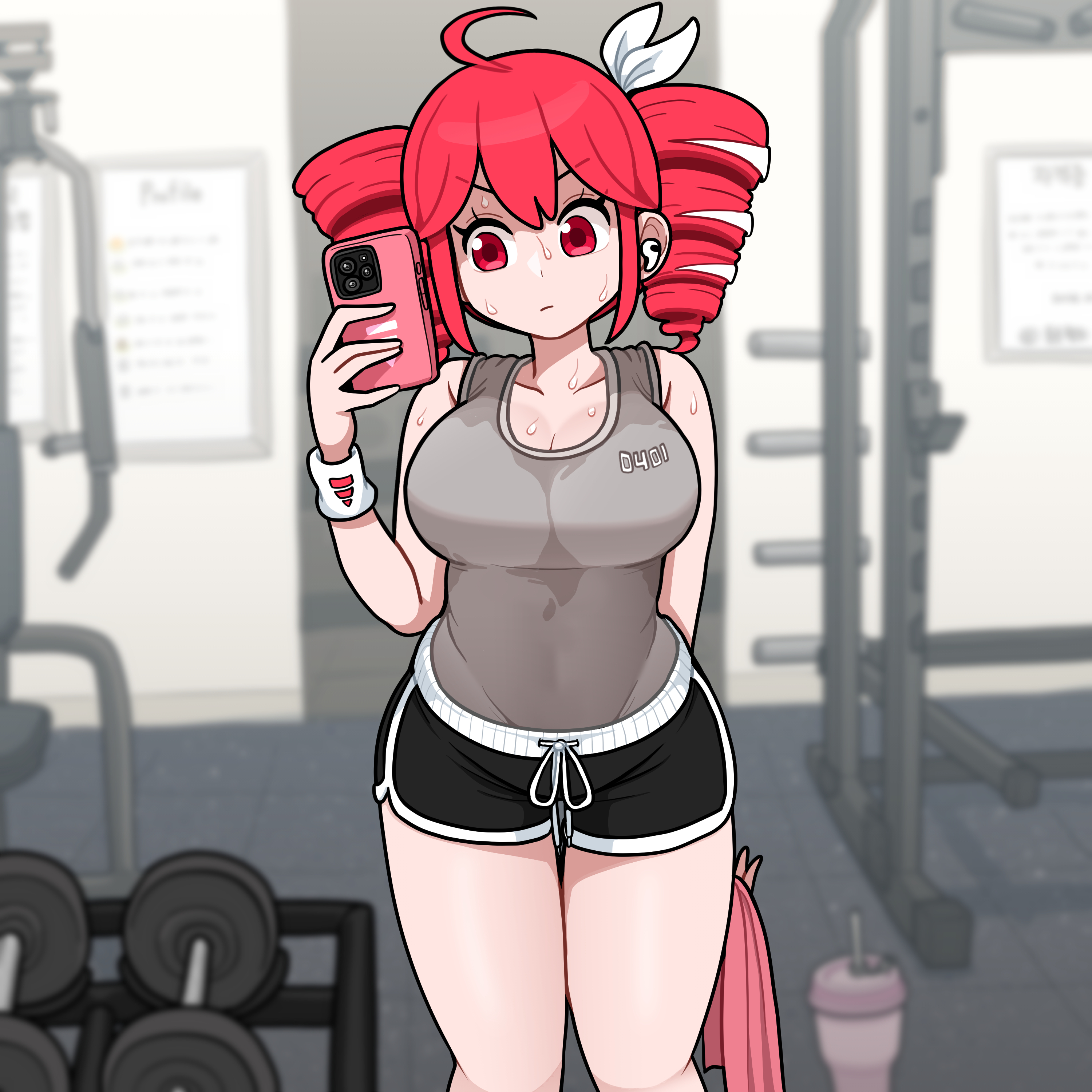 1girls, 2d, 2d (artwork), after workout, ahoge, airpods, arms behind back, artist request, big breasts, big thighs, breasts, cleavage, clothed, clothed female, clothing, curvaceous, curvy, curvy female, curvy figure, dolphin shorts, earphones, eyelashes, female, female only, fully clothed, gym, gym clothes, gym equipment, gym shorts, hair ornament, hairbow, kasane teto, kasane teto (sv), large breasts, large thighs, mirror selfie, navel, navel visible through clothes, nervous, nervous female, phone, public, red eyes, red hair, sfw, shiny skin, shiny thighs, shirt, short shorts, shorts, solo, solo female, stained shirt, sweat, sweatdrop, sweating, sweating profusely, synthesizer v, taking photo, taking picture, tank top, thick thighs, thighs, tight clothing, tight shirt, towel, twin drills, utau, wide hips, wrist warmers
