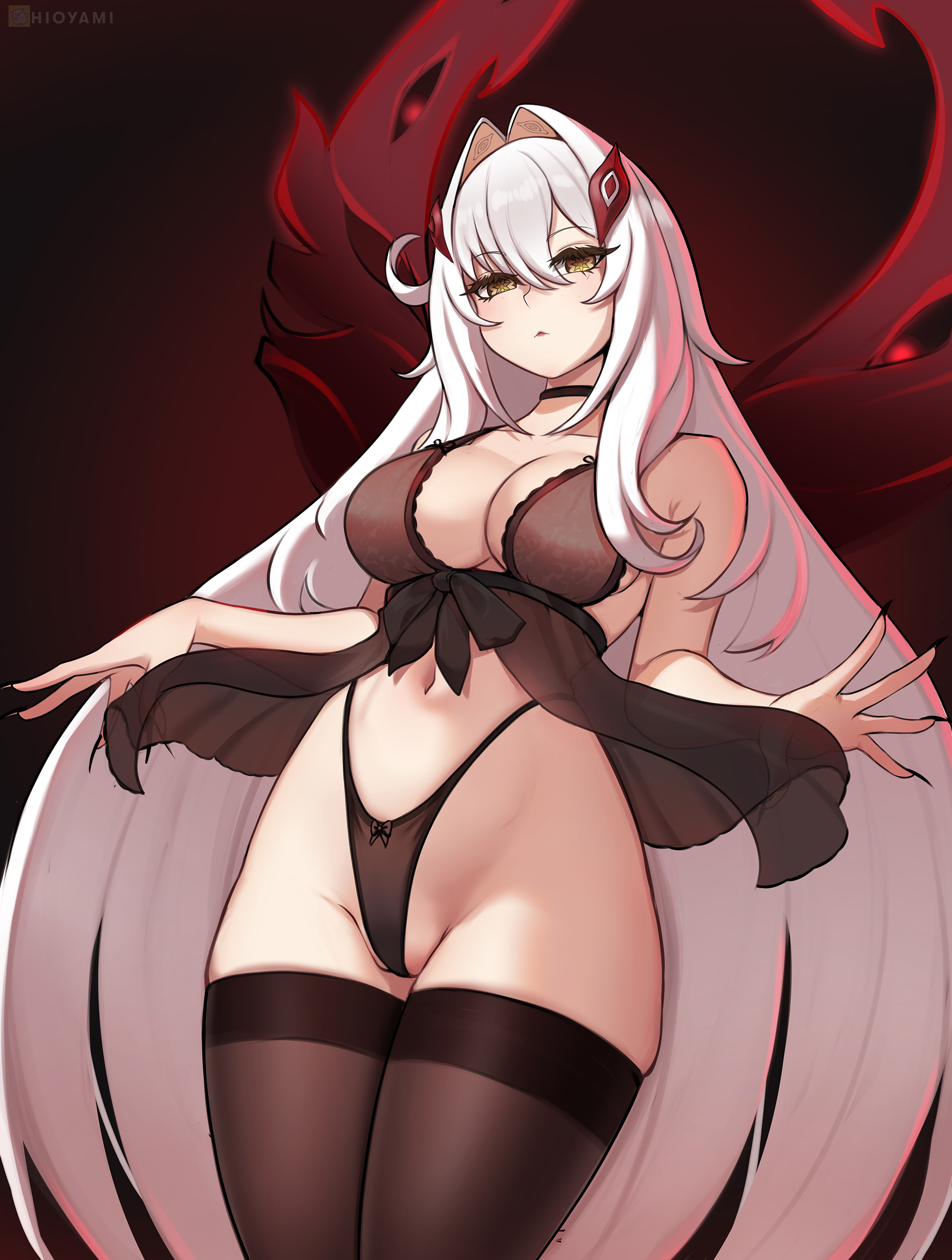1girl, absurdres, alternate costume, babydoll, bare shoulders, black panties, black thighhighs, breasts, choker, closed mouth, commentary, cowboy shot, english commentary, fingernails, genshin impact, hair between eyes, hair intakes, highleg, highleg panties, highres, hioyami, large breasts, long fingernails, long hair, looking at viewer, navel, paid reward available, panties, patreon username, ronova (genshin impact), sharp fingernails, simple background, solo, stomach, thighhighs, underwear, white hair, yellow eyes