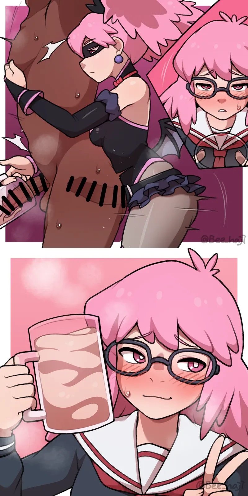 armwear, bar censor, bee haji, beecon123, bigger male, boku no hero academia, censor bar, censored, censored penis, chocolate and vanilla, cock, cum, cum in container, cum in glass, dark-skinned male, dark-skinned sub, dick, eating, ejaculation, elbow gloves, femdom, from behind, from behind position, genitals, glasses, haneyama kazuho, malesub, my hero academia, orgasm, penis, pink eyes, pink eyes female, pink hair, pink hair female, pop step, semen, sex from behind, skirt, smaller female, strap-on, v sign, vigilante: my hero academia illegals, x-ray