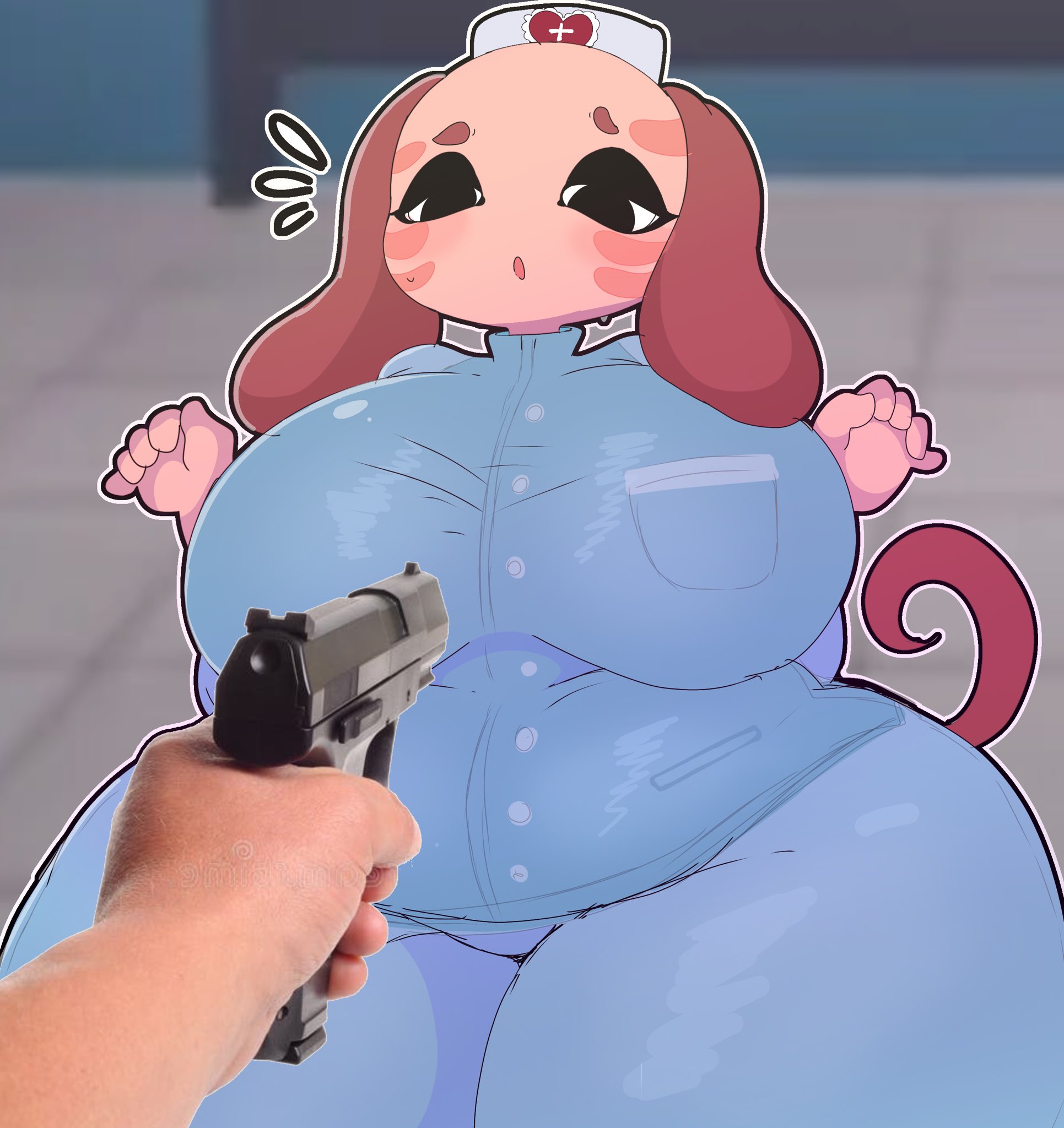 1girls, 2026, animal hospital, anthro, big breasts, breasts, clothed, clothing, cottonwaffle, female, furry, furry female, gun, gunpoint, nurse, nurse (animal hospital), nurse cap, pistol, pointing gun, roblox, roblox game, tagme, thick thighs, thighs