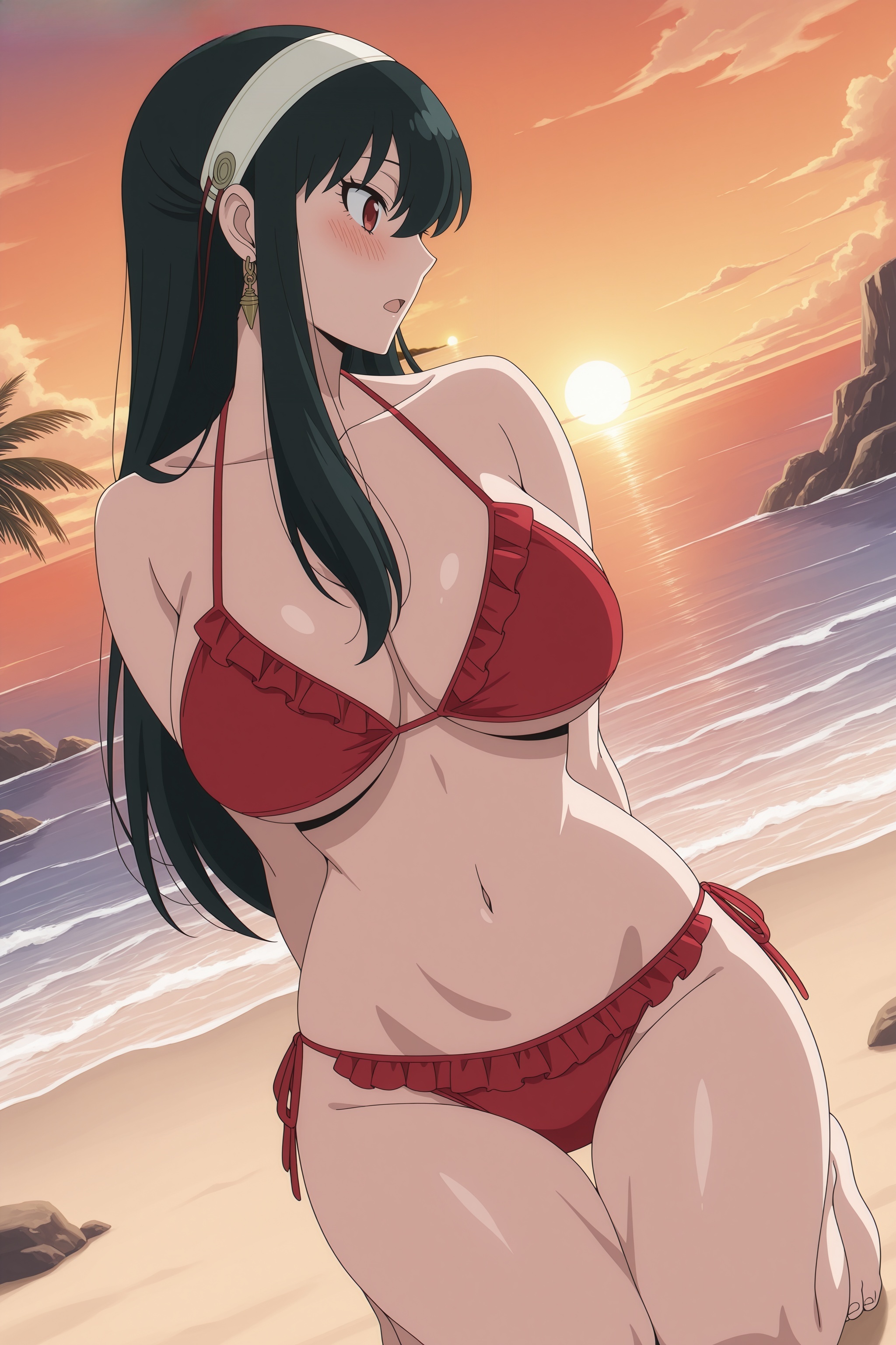 1girl, ai generated, arms behind back, bare shoulders, barefoot, beach, bikini, black hair, blush, breasts, cleavage, cloud, collarbone, digitalwaifugallery, earrings, frilled bikini, frills, hairband, hi res, high quality, high resolution, jewelry, kneeling, large breasts, long hair, looking to the side, navel, ocean, open mouth, outdoors, patreon, red bikini, red eyes, seductive, sexy, side-tie bikini bottom, sidelocks, sky, solo, spy x family, stomach, sunset, swimsuit, thigh gap, thighs, tree, uncensored, water, white hairband, yor briar