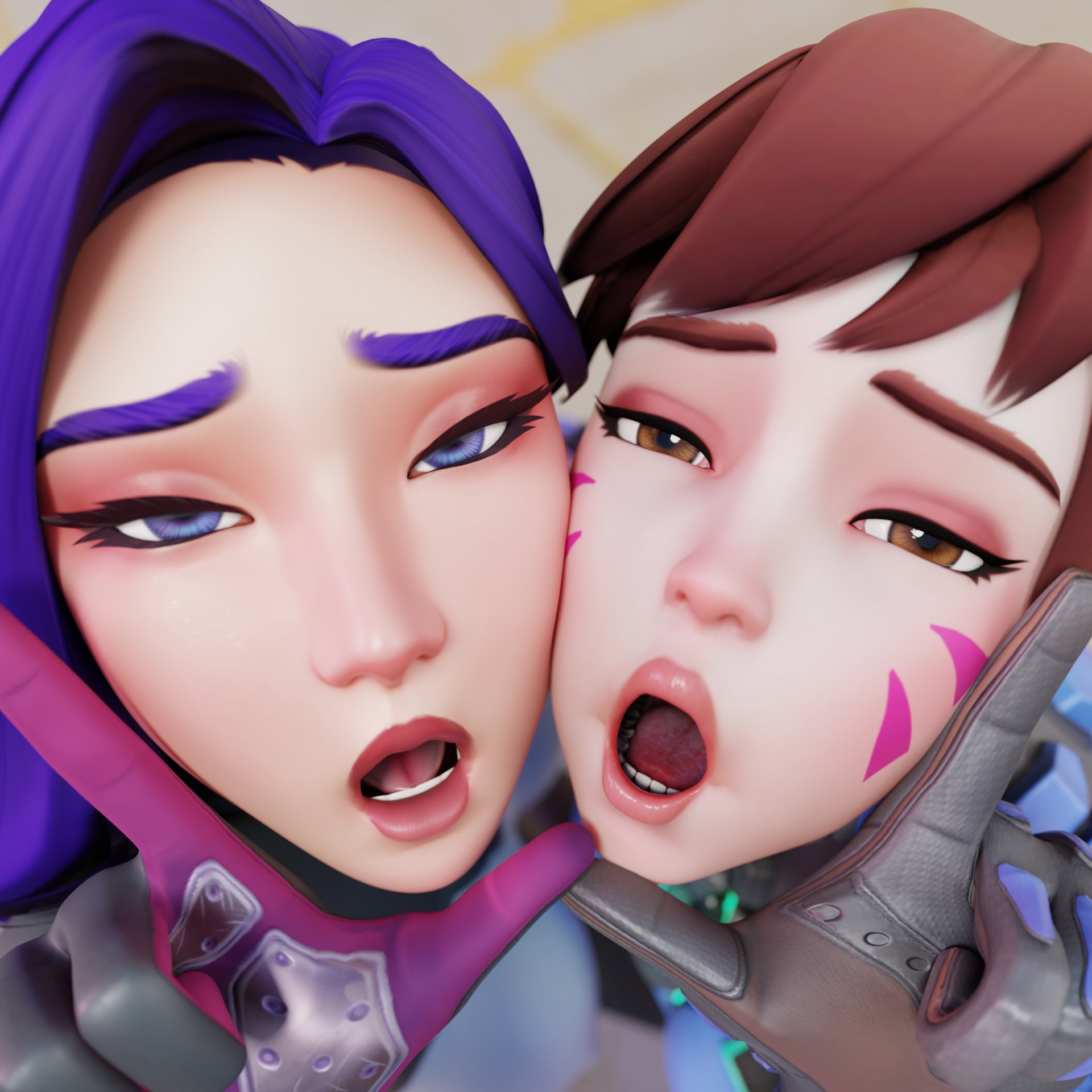 2girls, brown hair, d.mon, d.va, duo, female, female focus, hana song, light skin, light-skinned female, loudrain, open mouth, overwatch, purple hair, yuna lee