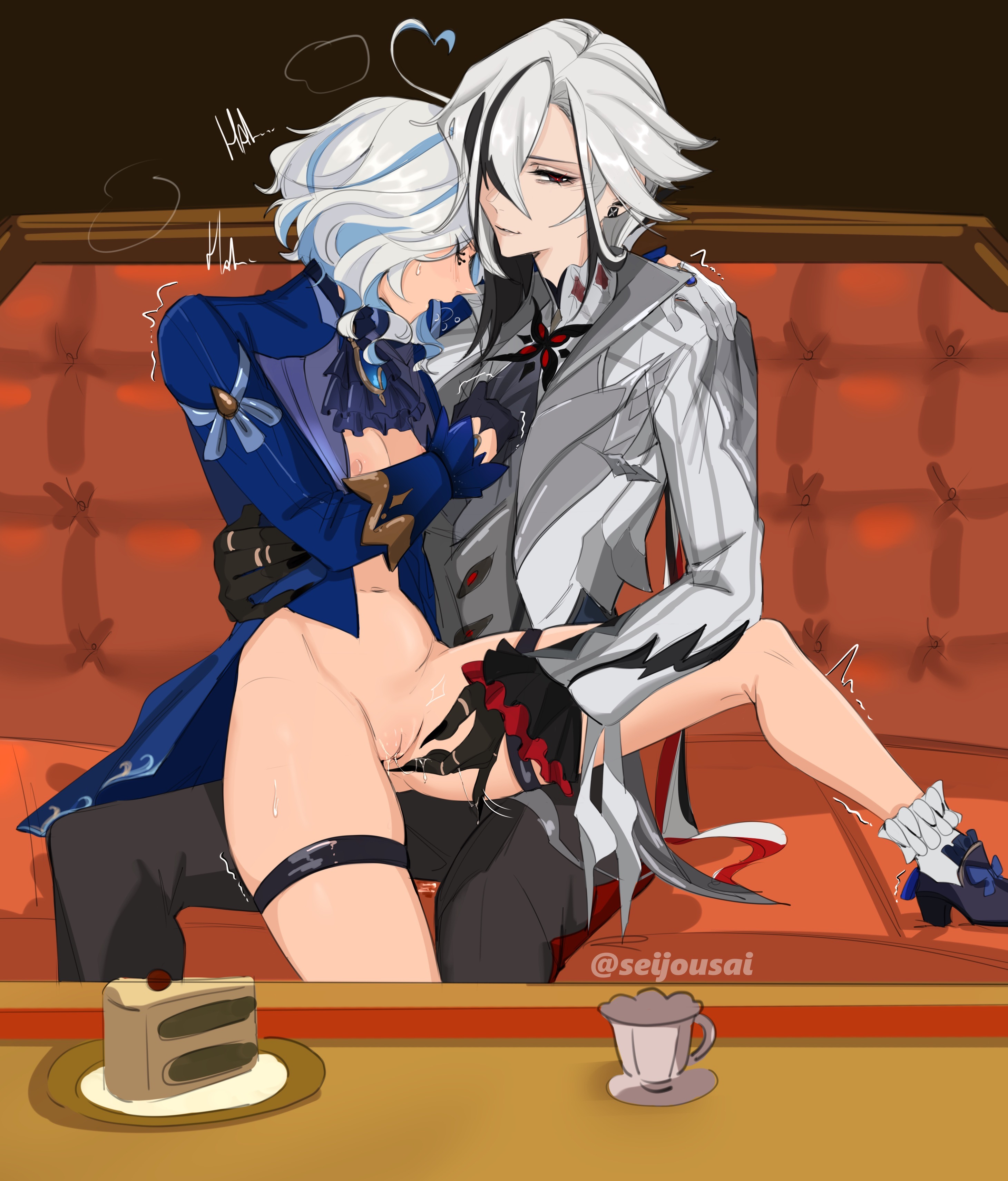 2girls, arlecchino (genshin impact), fingering, furina (genshin impact), genshin impact, gradient limbs, pussy juice, seijousai, yuri