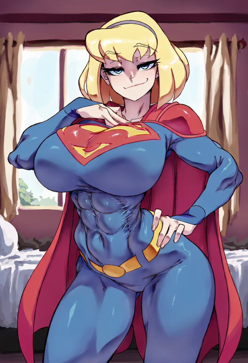 1girls, abs, ai generated, bedroom, big breasts, blonde hair, blue eyes, clothed, clothing, color, dc, dc comics, female, female focus, female only, futa on female, gigiti, hi res, large breasts, light skin, light-skinned female, my adventures with superman, short hair, solo, solo female, supergirl, supergirl (my adventures with superman), superheroine, superman (series), thick thighs