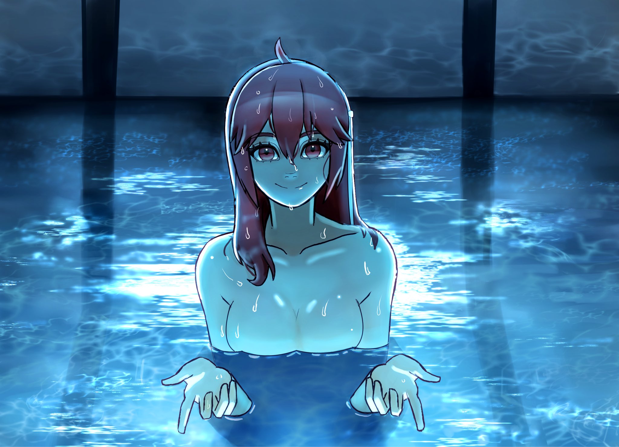 1girls, 2d, 2d (artwork), alternate hairstyle, beckoning, breasts, clavicle, completely nude, convenient censoring, detailed background, dirtydanreborn, eyelashes, female, female focus, hair down, kasane teto, long hair, looking at viewer, medium breasts, nude, nude female, petite, petite body, petite female, pool, red eyes, red hair, reze in the pool (meme), skinny, skinny female, slim girl, smile, smiling, smiling at viewer, utau, water, wet, wet body, wet hair
