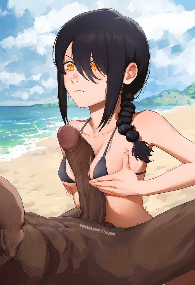 1boy, 1girls, ai generated, aisuyuni, beach, big penis, bikini, boobjob, boobs, breasts, chainsaw man, cheating, cheating female, cheating girlfriend, cheating wife, cuckold, cuckolding, dark hair, dark-skinned male, interracial, nayuta (chainsaw man), netorare, ntr, paizuri, penis, veiny penis, yellow eyes