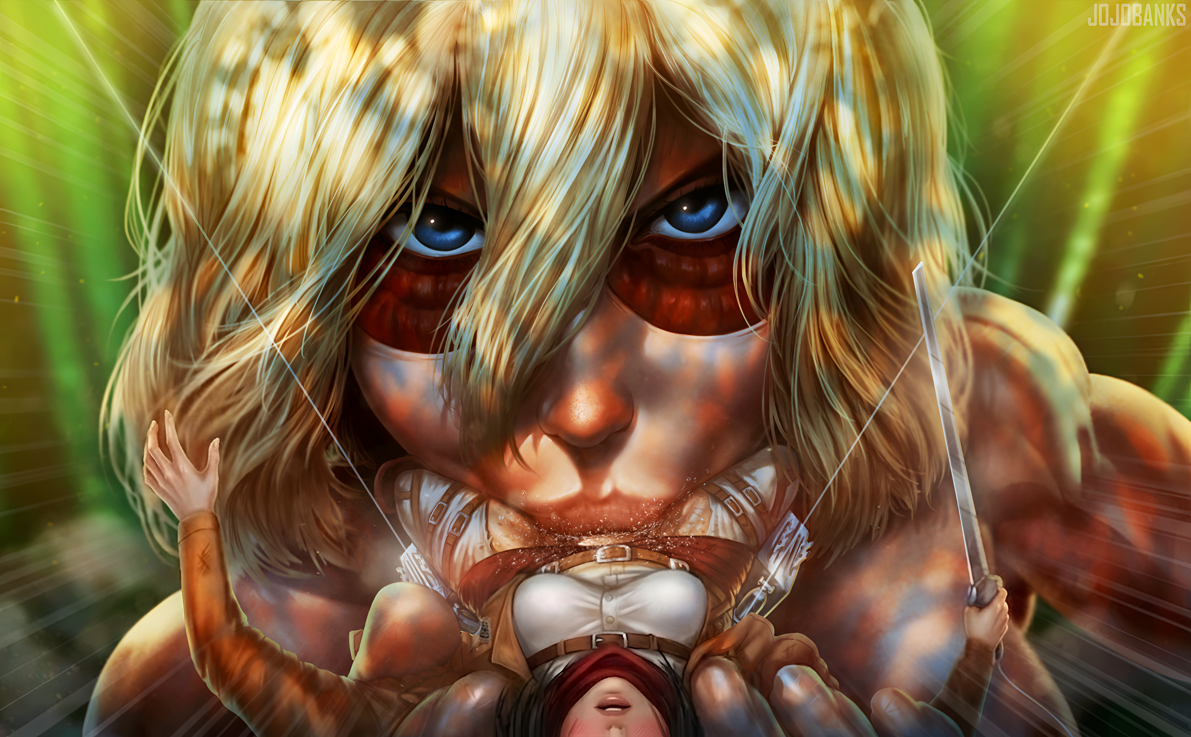 2girls, annie leonhardt, attack on titan, black hair, blonde hair, blonde-haired female, cunnilingus, devouring pussy, extreme cunnilingus, eye contact, female, female only, female titan, female/female, forced, giantess, holding, jojobanks, lesbian, mikannie, mikasa ackerman, shingeki no kyojin, size difference, tagme, yuri