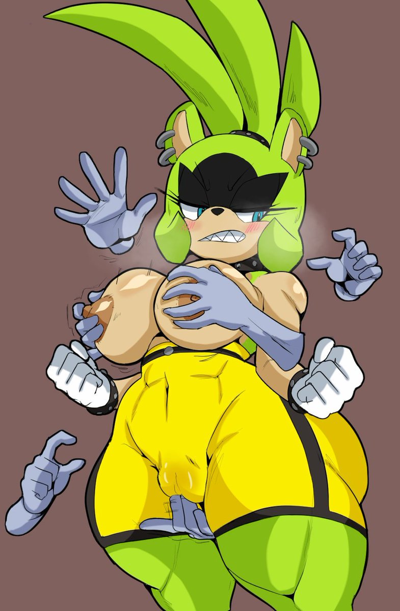 1girls, anthro, areolae, big breasts, blue hair, blush, breasts, disembodied hand, ear piercing, female, female only, fingering, fur, furry, gonzalo costa, grabbing breasts, grabbing from behind, green body, green fur, groping, groping breasts, groping from behind, idw comics, idw publishing, large breasts, looking back, nipples, sega, sharp teeth, shorts, solo, solo female, sonic (series), sonic the hedgehog (comics), sonic the hedgehog (idw), sonic the hedgehog (series), spiked collar, surge the tenrec, thecon, thick thighs, thighs, wide hips