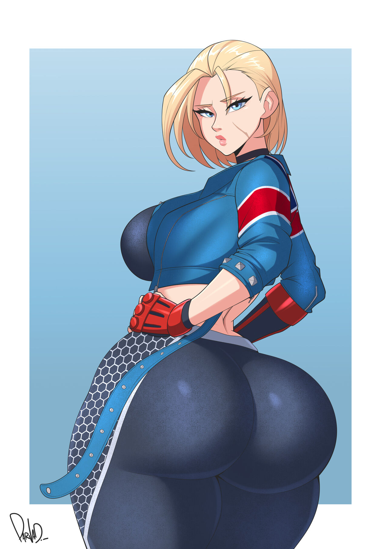 1girls, ass, ass focus, bangs, big ass, big butt, black choker, blonde hair, blue eyes, blue jacket, breasts, british, bubble butt, butt focus, cammy white, capcom, cheesecake, choker, curvy, facial scar, fat ass, female, female only, from behind, fully clothed, hi res, higher resolution available, highres, huge ass, huge butt, large ass, large breasts, large butt, looking at viewer, neckwear, parvad, presenting, rear view, round ass, round butt, scar, scar on cheek, scar on face, solo, street fighter, street fighter 6, the one good brit, thick ass, thick butt, thick thighs, thighs, trousers, union jack, voluptuous, wide hips