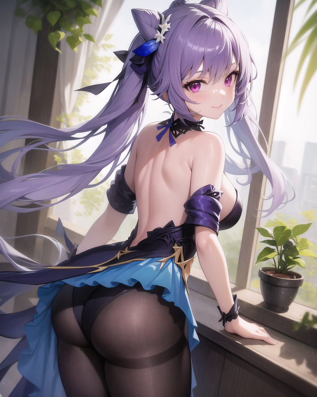 ai generated, ass, ass focus, bare shoulders, blush, breasts, detached sleeves, dress, female, from behind, from below, genshin impact, hair ribbon, huge ass, keqing (genshin impact), keqing (opulent splendor) (genshin impact), long hair, looking at viewer, medium breasts, panties, panties under pantyhose, pantyhose, purple eyes, purple hair, shiny, shiny clothes, shiny hair, shiny skin, short dress, sideboob, skirt, smile, solo, twintails, very long hair