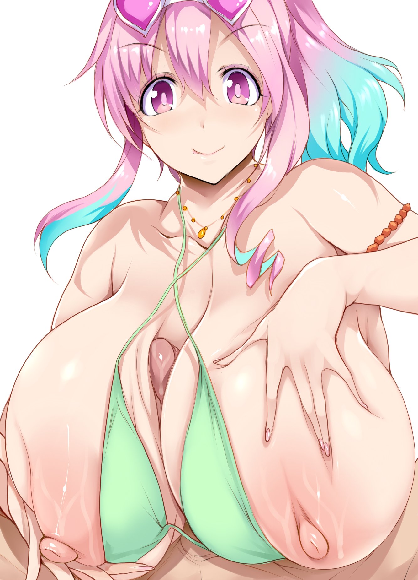 1boy, 1girls, bikini, blue highlights, breasts, eyewear on head, female, green bikini, hair between eyes, highres, holding breast, hozuki kaede, huge breasts, jewelry, light skin, light-skinned female, light-skinned male, male, multicolored hair, necklace, onii-chan wa oshimai!, paizuri, paizuri under bikini, penis, pink eyes, pink hair, side ponytail, sunglasses, sunglasses on head, swimsuit, swimsuit paizuri, swimzuri, tsukasawa takamatsu