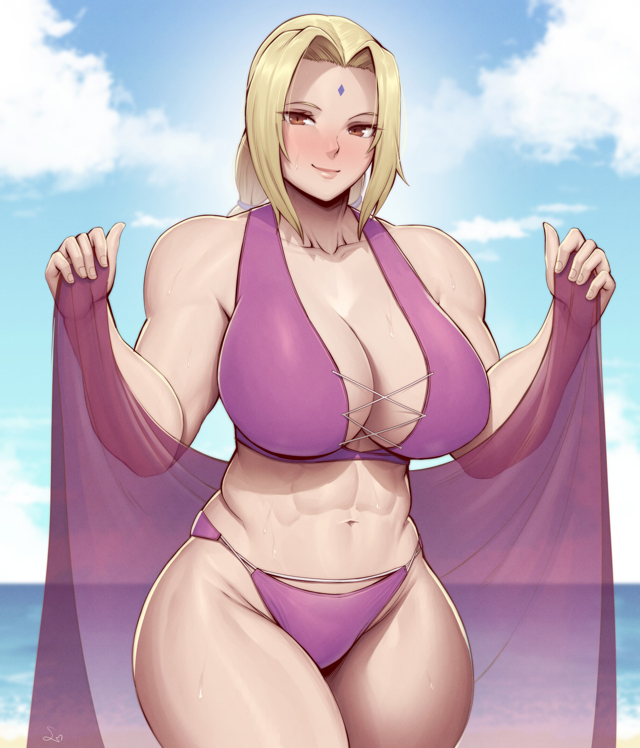 1girls, abs, beach, bikini, blonde hair, breasts, brown eyes, cleavage, female, female only, highres, huge breasts, muscular, muscular female, naruto, naruto (series), ocean, purple bikini, smile, solo, speedl00ver, sweat, swimsuit, thick thighs, tsunade, water