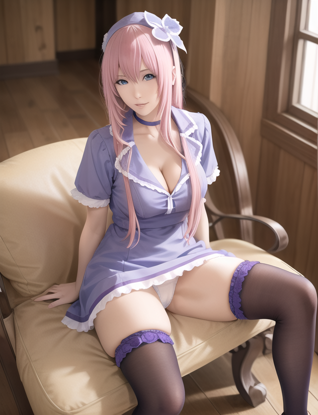 ai_generated cleavage female hairband large_breasts legwear long_hair megurine_luka nurse nurse_uniform panties pink_hair realistic sitting spread_legs stable_diffusion vocaloid