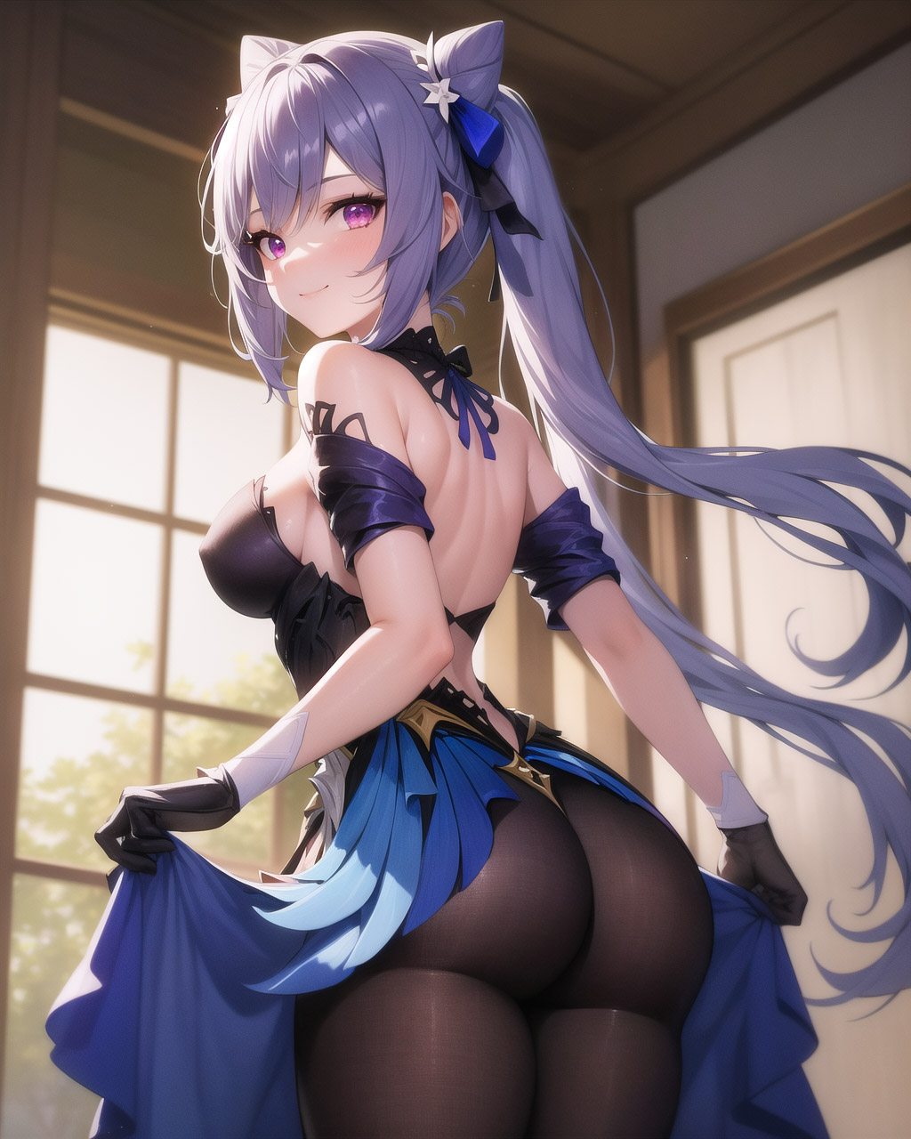 ai generated, ass, ass focus, bare shoulders, blush, breasts, detached sleeves, dress, female, from behind, from below, genshin impact, gloves, hair ribbon, huge ass, keqing (genshin impact), keqing (opulent splendor) (genshin impact), long hair, looking at viewer, medium breasts, pantyhose, purple eyes, purple hair, shiny, shiny clothes, shiny hair, shiny skin, short dress, sideboob, skirt, smile, solo, twintails, very long hair