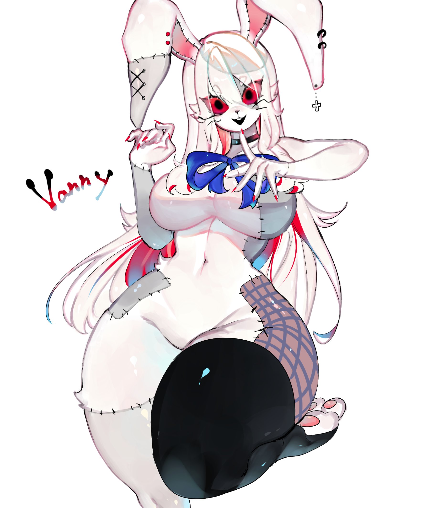 1girls, anthro, belly, belly button, big breasts, breasts, bunny, bunny costume, bunny ears, bunny girl, bunnysuit, collar, costume, curvy, curvy female, curvy figure, ear, earring, earrings, ears down, eyebrows, eyebrows visible through hair, eyelashes, eyes, female, female only, five nights at freddy's, five nights at freddy's: help wanted, five nights at freddy's: security breach, fnaf, fur, furry, hourglass figure, humanoid, pierced ears, piercing, piercings, red eyes, scottgames, solo, solo female, solo focus, steel wool studios, thick thighs, thighhighs, thighs, togetoge, url, vanny (fnaf), white background, white hair