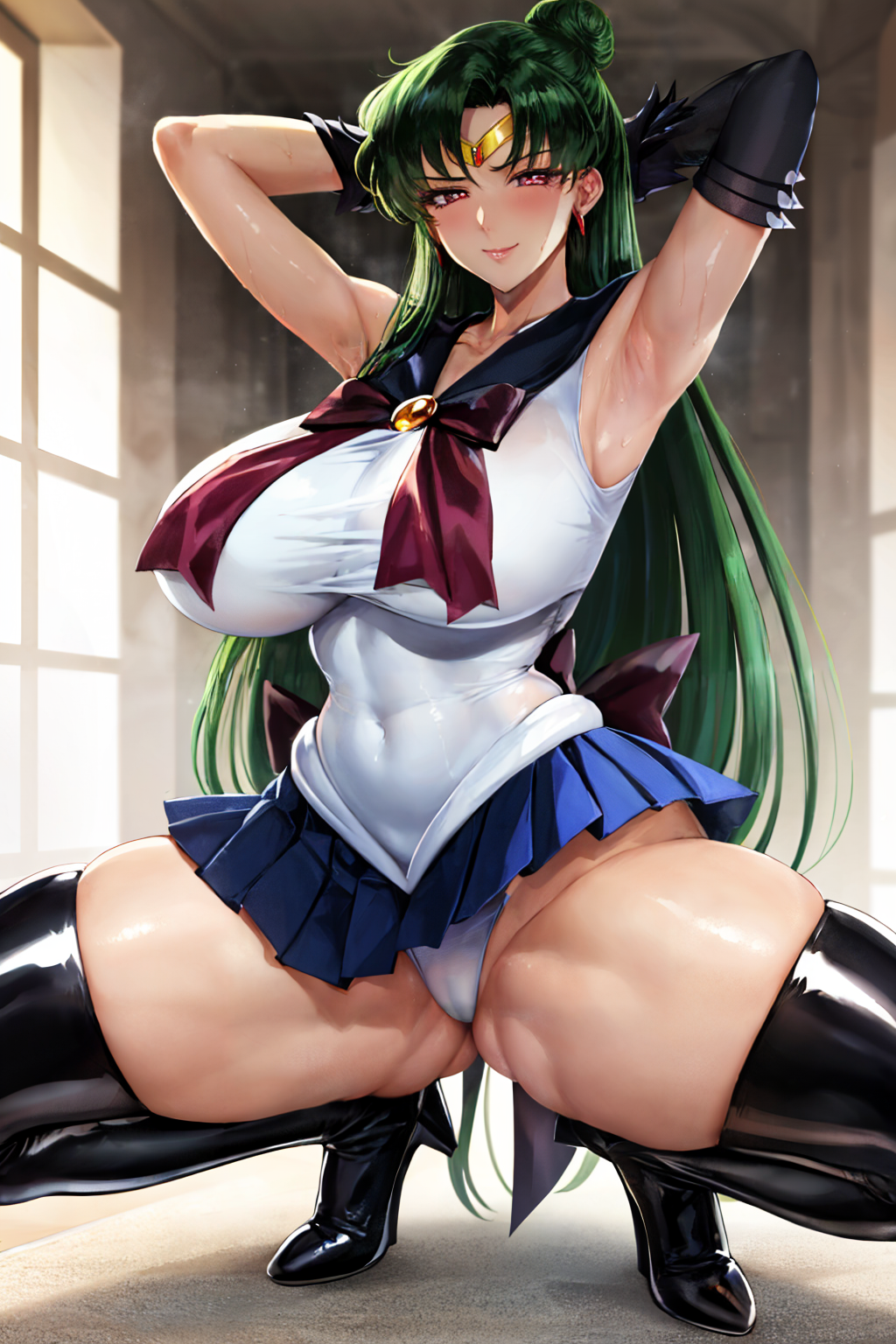 1girls ai_generated bishoujo_senshi_sailor_moon clothing green_hair high_heel_boots high_heels huge_breasts large_breasts latex_gloves latex_thighhighs long_hair looking_at_viewer panties sailor_pluto seductive_look setsuna_meiou skirt stable_diffusion stockings voluptuous voluptuous_female