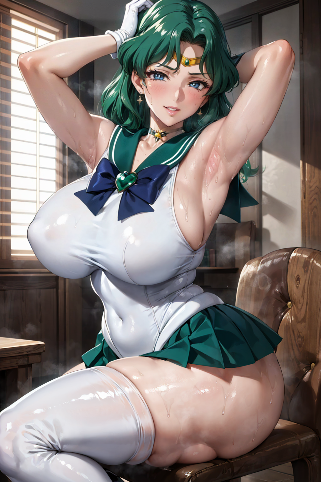 1girls ai_generated bishoujo_senshi_sailor_moon clothing female_focus female_only green_hair huge_breasts large_breasts latex_gloves long_hair looking_at_viewer michiru_kaiou sailor_neptune seductive_look skirt stable_diffusion stockings voluptuous voluptuous_female