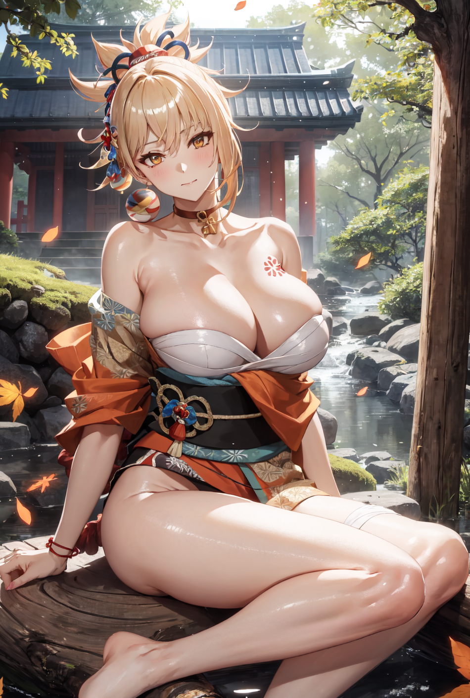 1girls, ai generated, breasts, female, female focus, female only, genshin impact, huge breasts, seductive look, stable diffusion, voluptuous, voluptuous female, yoimiya (genshin impact)