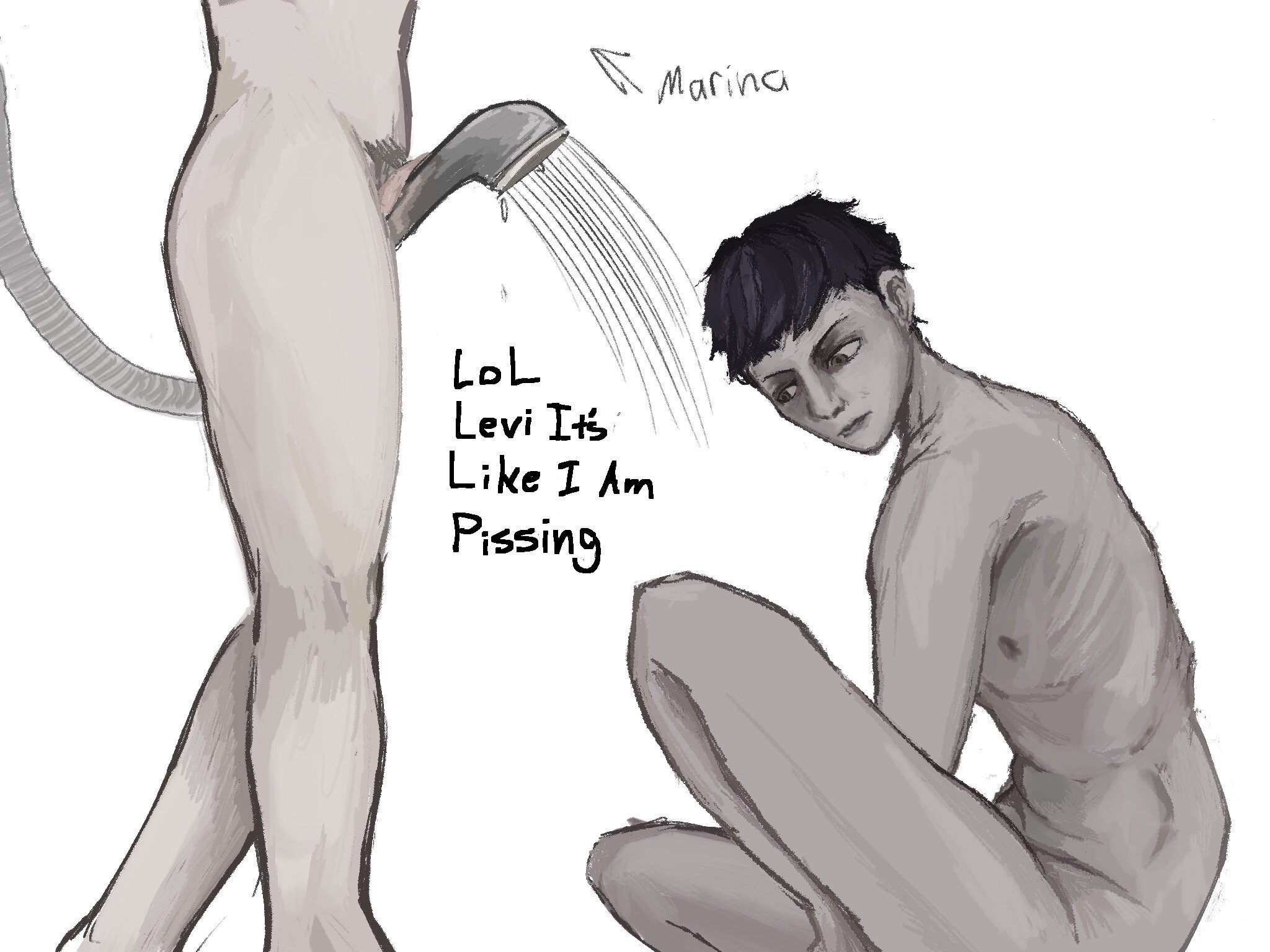 1boy, 1girls, anon2000000, fear and hunger, fear and hunger: termina, female, funny, levi (fear and hunger), male, marina (fear and hunger), penis, shower, trans woman, transfem