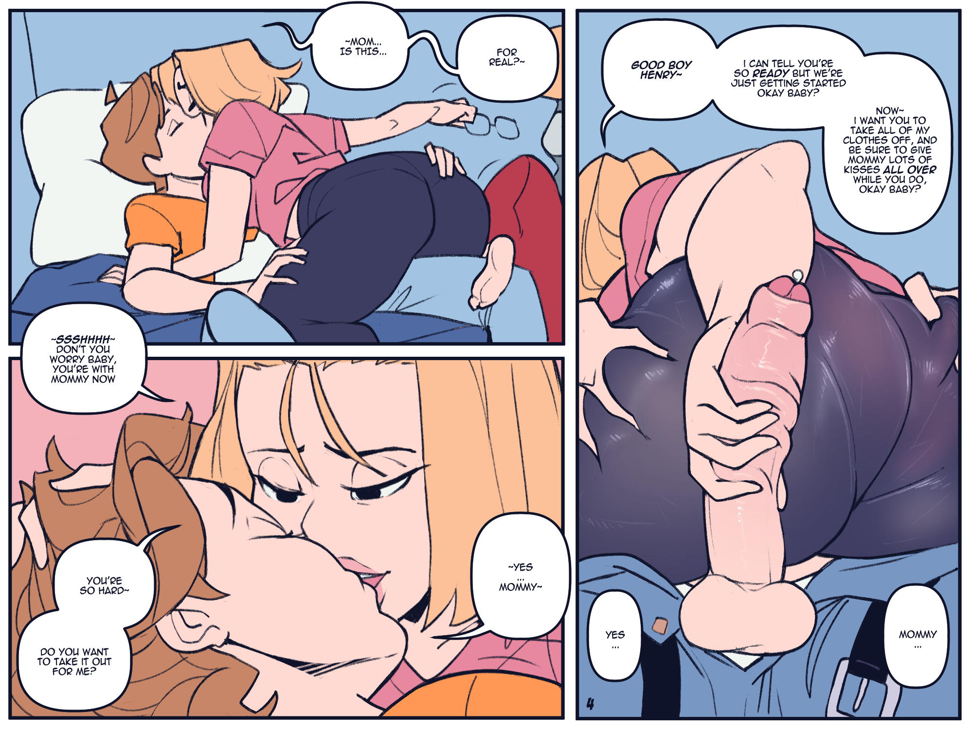 1boy, 1girls, 3 panel comic, 4:3 aspect ratio, ass, ass grab, bed, bedroom, big ass, big breasts, big penis, blonde hair, breasts, brown hair, comic, comic page, female, foreskin, glasses, good boy, grabbing ass, handjob, incest, kissing, light skin, light-skinned female, light-skinned male, male, mature female, milf, mommy kink, mother and son, not enough milk (artist), on lap, original, original character, page 4, pantylines, penis, shorter female, shortstack, stroking penis, taller male, text, uncensored, uncircumcised, uncut