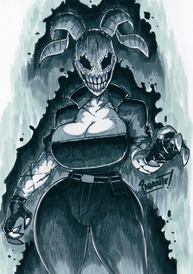 1girls big_breasts black_eyes cleavage disembodied_head female female_only fingerless_gloves goat_horns horns large_breasts looking_at_viewer original original_character parasitedeath parasiteterror scar scars solo solo_female solo_focus thick_thighs thighs white_skin wide_hips