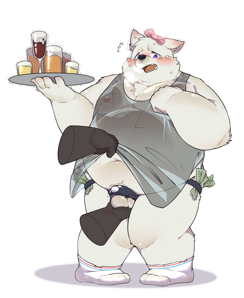 accessory alcohol anthro apron apron_lift asian_clothing ball_grab balls belly beverage blush bow_ribbon bulge canid canine canis clothed clothing clothing_lift disembodied_hand domestic_dog east_asian_clothing embarrassed fundoshi fur genitals hair_accessory hair_ribbon hairbow hi_res japanese_clothing male mammal money_in_underwear navel nipples overweight purple_eyes ribbons serving_tray underwear white_body white_fur