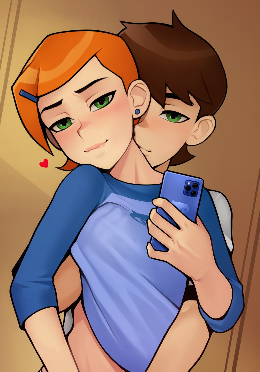 1boy 1girls 2023 ben_10 ben_tennyson biting_lip blue_shirt blush color colored cousins digital_media_(artwork) duo earrings female green_eyes groping_breasts gwen_tennyson hand_on_breast hand_under_clothes hand_under_shirt heart hi_res holding_phone hugging hugging_from_behind incest kissing_neck light-skinned_female light-skinned_male light_skin loodncrood male orange_hair phone romantic