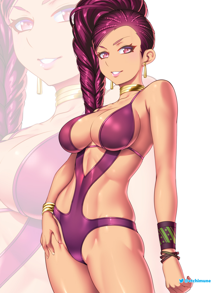 1girls alternate_costume artist_name bikini breasts choker cleavage covered_navel earrings english_commentary etchimune female female female_only fire_emblem fire_emblem:_three_houses grin jewelry lipstick looking_at_viewer makeup muscular muscular_female nintendo one-piece_swimsuit petra_macneary pink_lips ponytail purple_eyes purple_hair purple_one-piece_swimsuit purple_swimsuit sideboob smile swimsuit wrist_cuffs yellow_choker zoom_layer