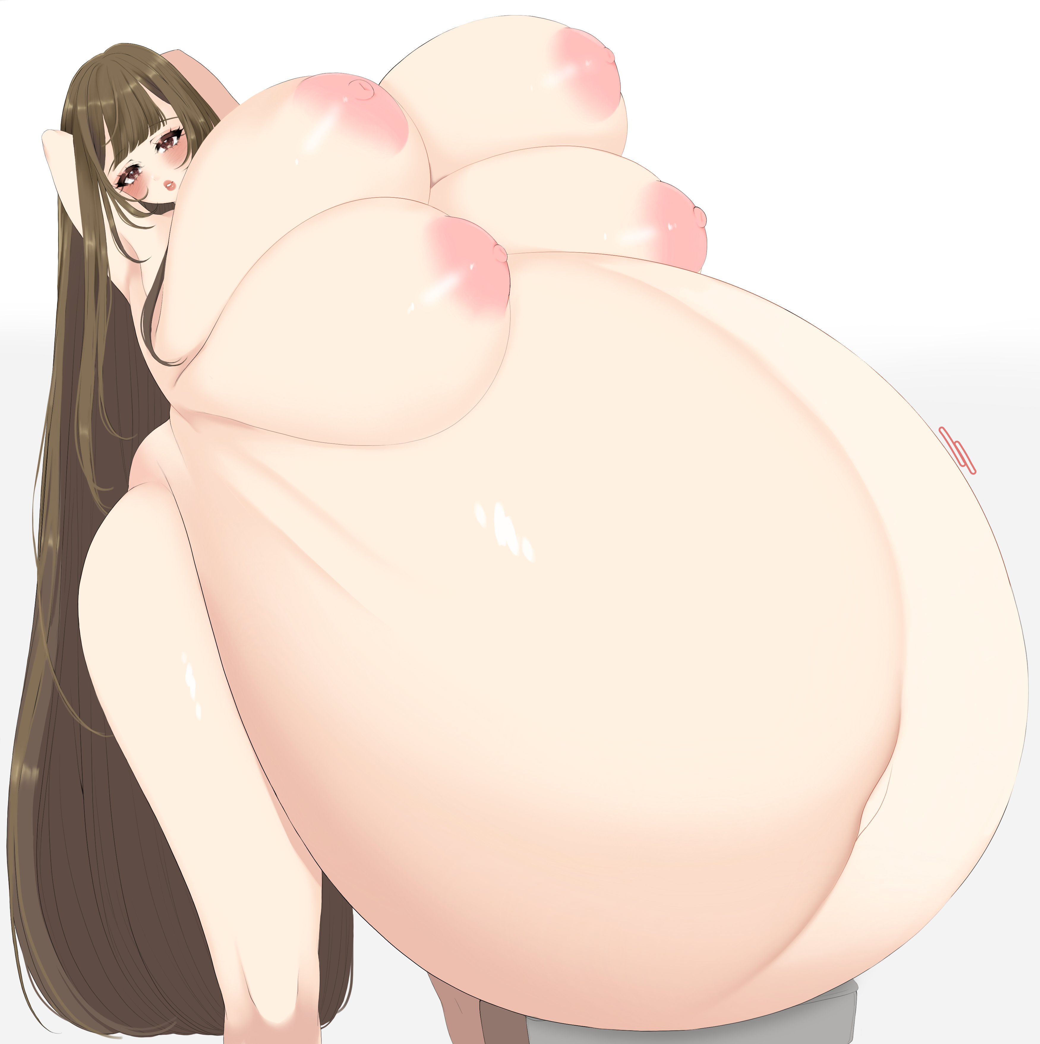 1girls, 4 breasts, armpits, arms behind head, arms up, blush, breasts, brown eyes, brown hair, casual nudity, color, commission, darla fourtits, female, huge areolae, hyper pregnancy, lips, lipstick, long hair, milf, multi breast, naked, nude, pregnant, purinpaw, tagme, teacher, very long hair