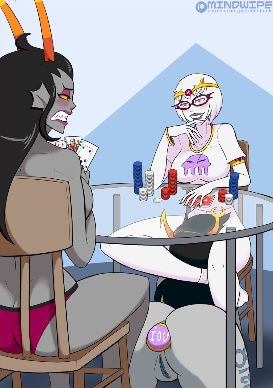 3girls ancestor_(homestuck) ass blush body_writing bottomless buttplug clenched_teeth cunnilingus female grey_skin head_between_thighs homestuck horns implied_cunnilingus implied_oral leg_lock lezdom lost_bet mindwipe multiple_girls planetofjunk poker rose_lalonde strip_poker the_condesce topless troll under_the_table vriska_serket yuri
