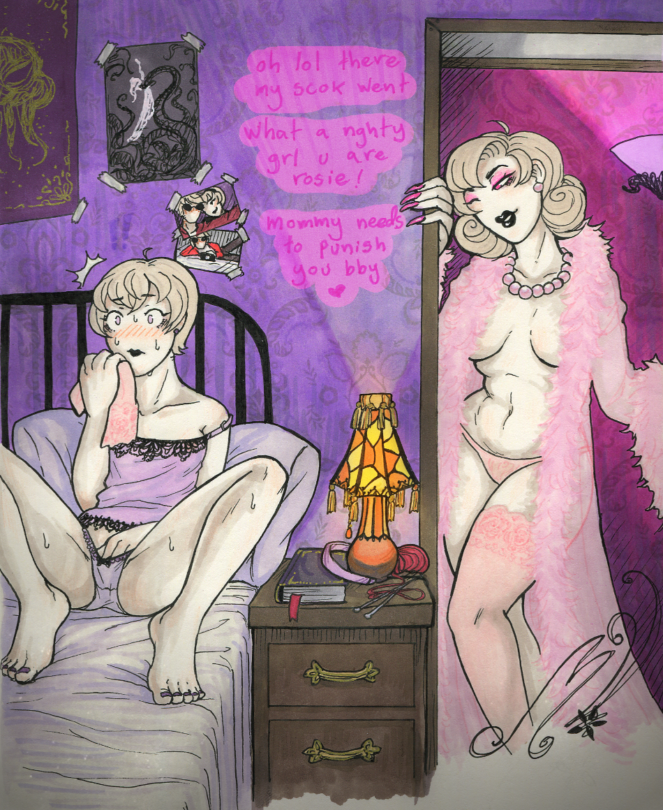 2girls blush caught_in_the_act female female_only foot_fetish homestuck incest kink_mom lingerie masturbation mom_lalonde mother_and_daughter nightgown panties rose_lalonde roxy_lalonde sniffing_socks yuri