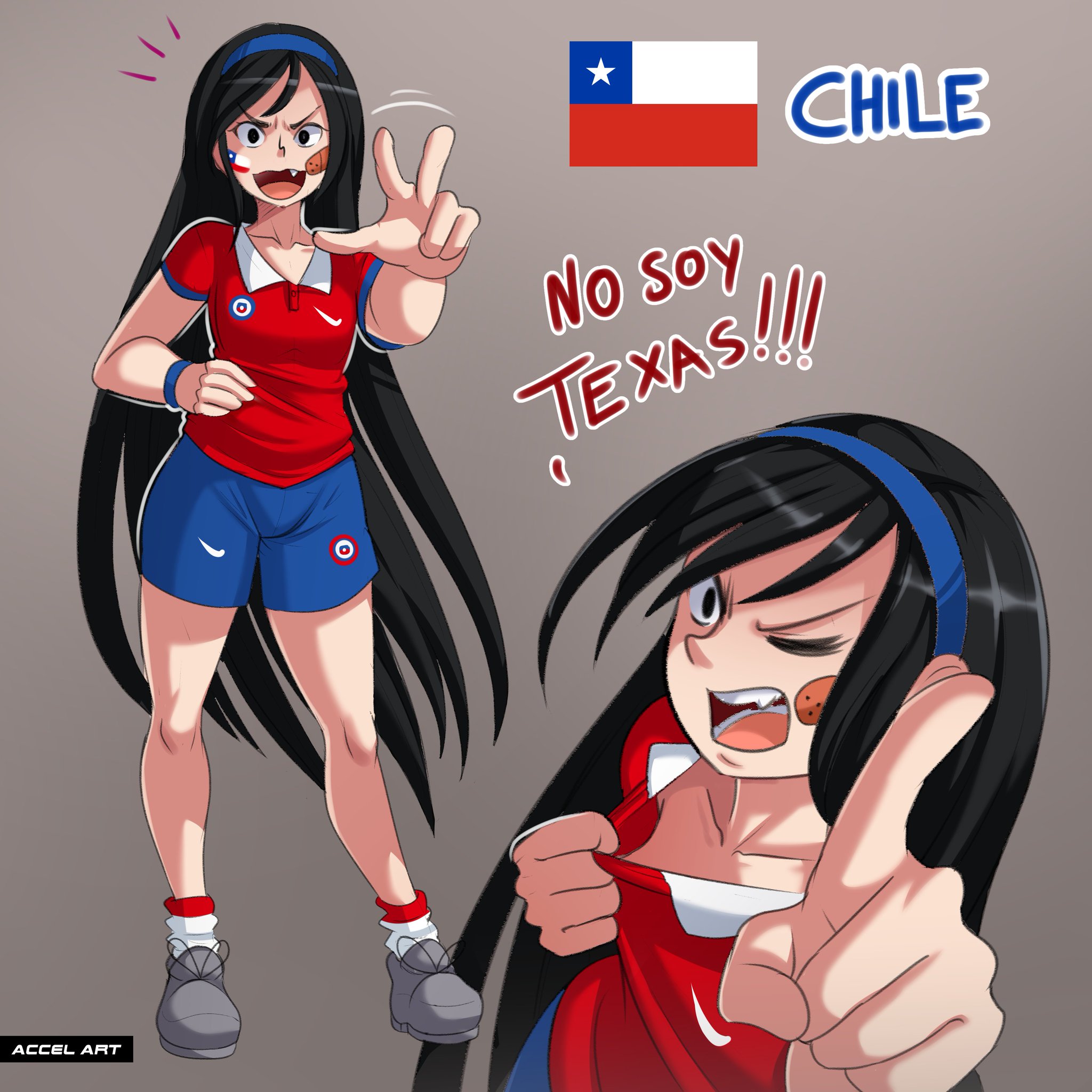 accelart, angry face, ass, big ass, breasts, chile, chile-chan (accelart), chilean flag, female, national personification, no bra, small breasts, soccer uniform, world cup