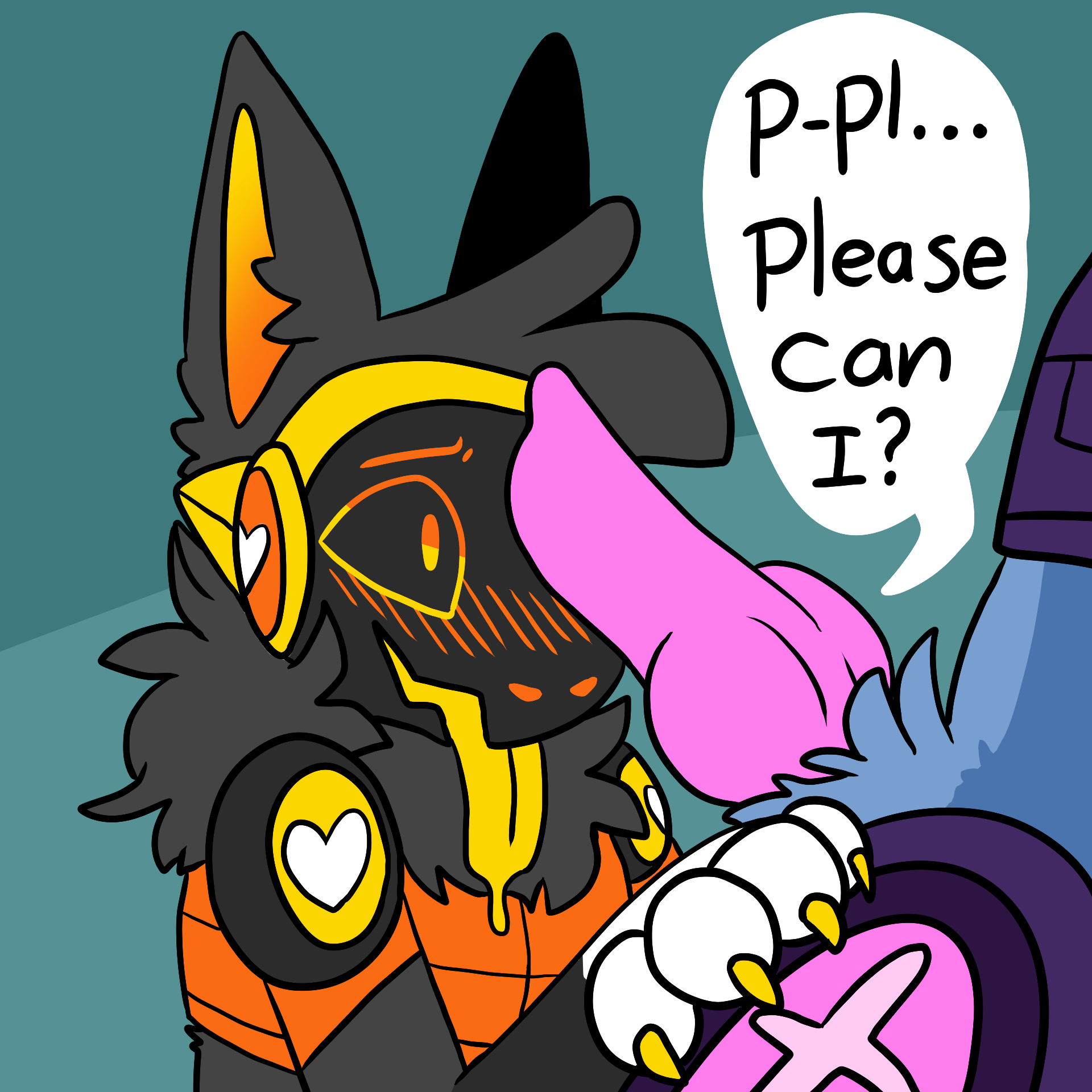anthro, betarat, blue body, blue fur, blush, blush lines, bodily fluids, claws, drooling, duo, fur, grey body, grey fur, hi res, knot, limerick (betarat), machine, male, male/male, multicolored eyes, protogen, proxy (betarat), saliva, speech bubble, tongue, yellow tongue