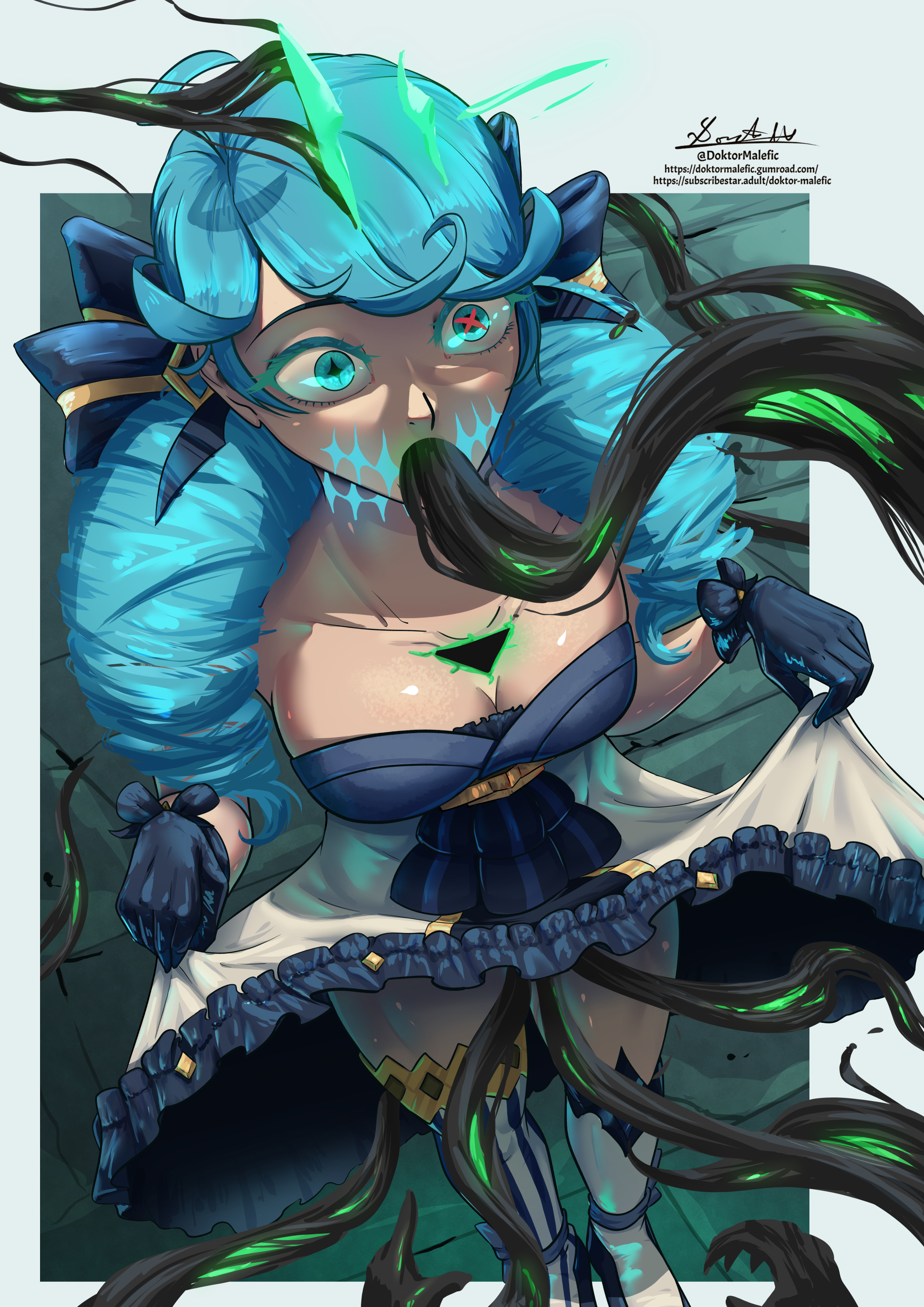 1girls, ambiguous penetration, background, blue eyes, blue hair, clothed sex, color, colored, corruption, covered penetration, doktor malefic, dress, dress lift, female, frills, gwen (league of legends), hair ornament, implied penetration, implied sex, kneehighs, league of legends, mind control, oral, oral penetration, riot games, ruined king symbol, sex under clothes, sex under dress, sex under skirt, skirt, skirt lift, tentacle, tentacle penetration, tentacle under dress, tentacles under clothes, thick thighs, thighhighs, tongue, tongue out, twintails