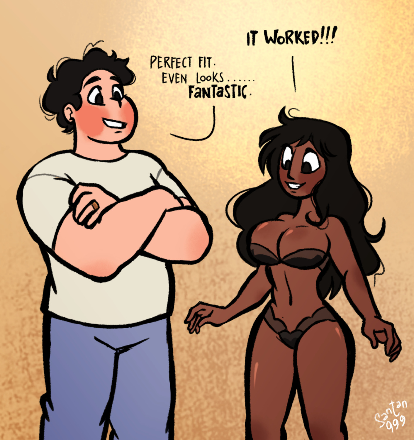 1boy, 1girls, big breasts, bigger male, breasts, canon couple, chubby male, connie maheswaran, dark skin, dark-skinned female, fat male, female, fully clothed male, happy, indian female, looking at partner, looking down, male, married couple, nipples, santan999, steven quartz universe, steven universe, straight, underwear, underwear only