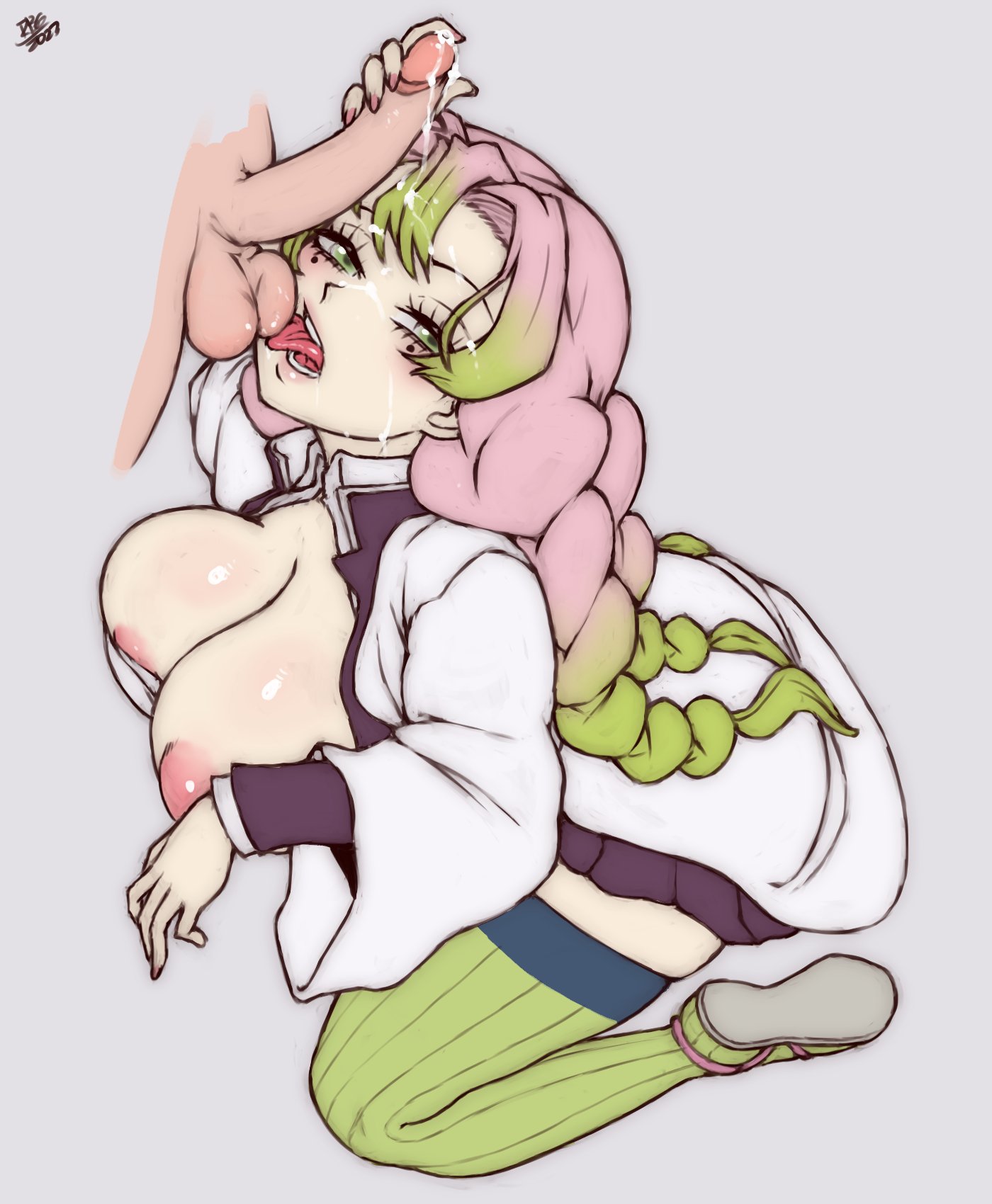 1boy, 1girls, balls, breasts, cum, cum on breasts, cum on face, demon slayer, fellatio, female, green eyes, green hair, kanroji mitsuri, kimetsu no yaiba, kneeling, light skin, light-skinned female, long hair, male, pale skin, pale-skinned female, penis, pink hair, pink-haired female, randomboobguy, sucking balls, sucking testicles, testicles, tongue, tongue out, two-tone hair