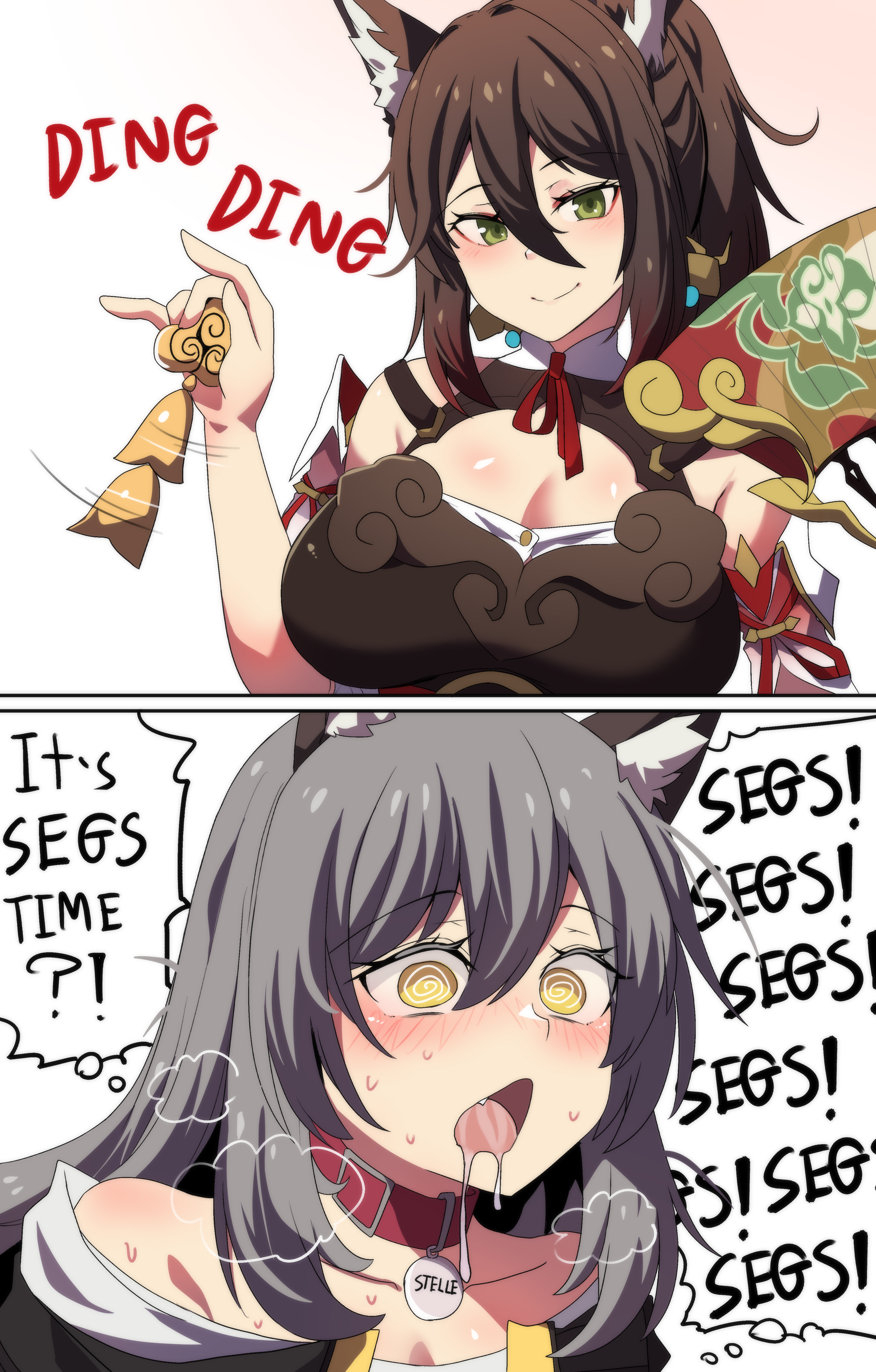 2023, 2girls, blush, breasts, brown hair, cat ears, cat girl, catgirl, choker, classical conditioning, comic page, english text, female, femdom, fox ears, fox girl, green eyes, grey hair, heavy breathing, hi res, hinghoi, honkai (series), honkai: star rail, horny, kemonomimi, large breasts, lesbian focus, light skin, light-skinned female, open mouth, petplay, princesshinghoi, stelle (honkai: star rail), text, tingyun (honkai: star rail), yellow eyes, yuri